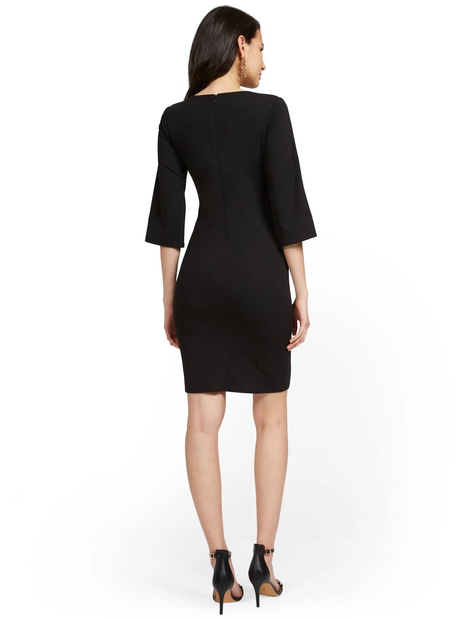 Button Bell-Sleeve V-Neck Sheath Dress - Magic Crepe® - Image 3
