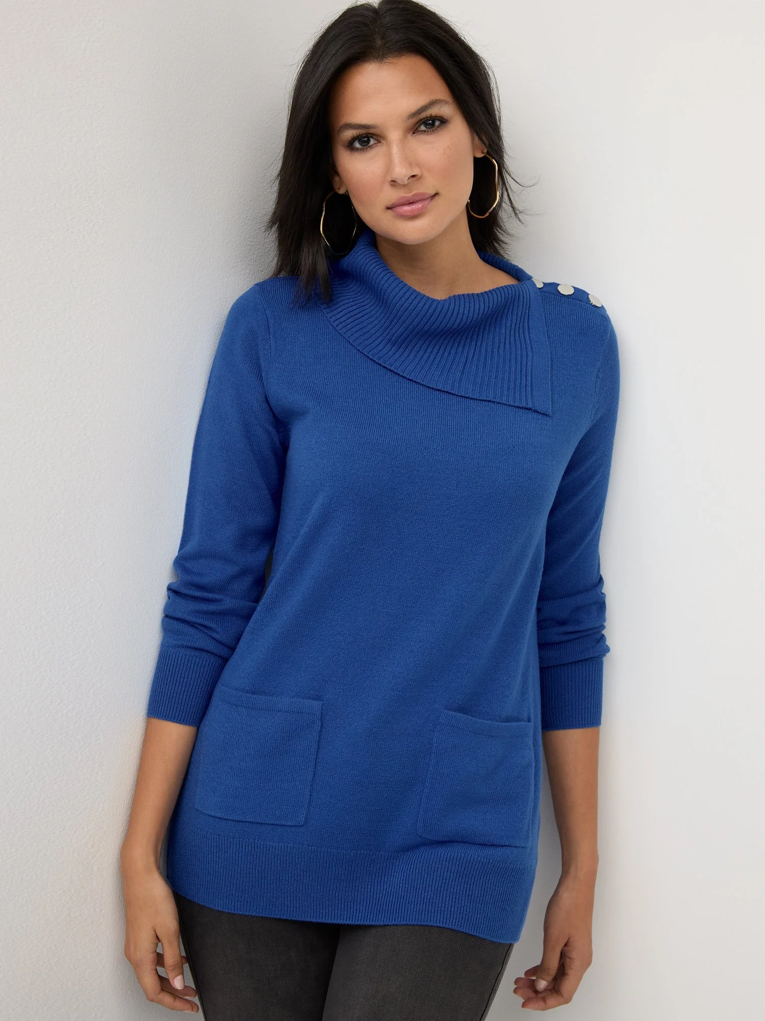 Button-Detail Cowl-Neck Tunic Sweater - Image 12