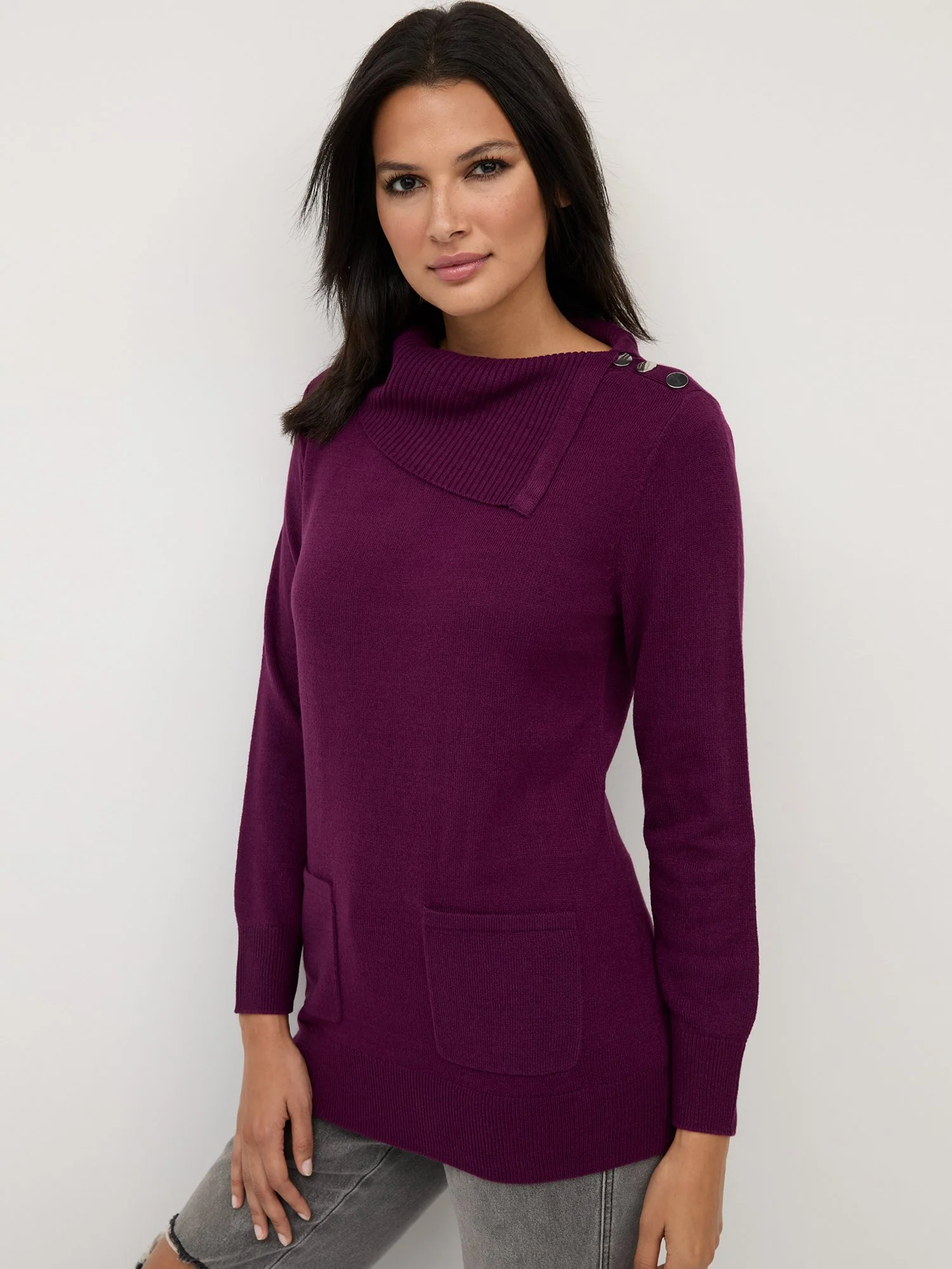 Button-Detail Cowl-Neck Tunic Sweater - Image 16