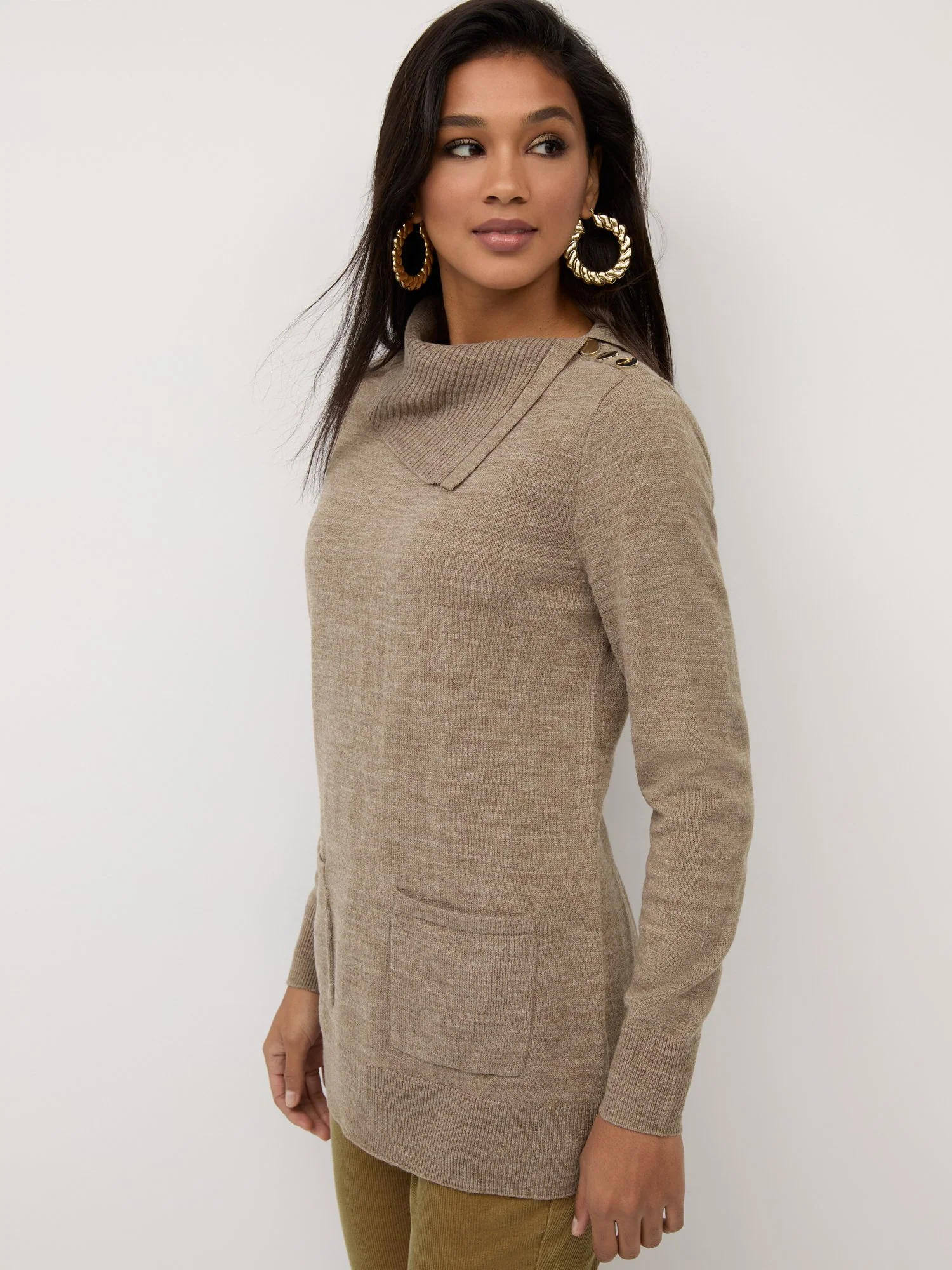 Button-Detail Cowl-Neck Tunic Sweater - Image 9