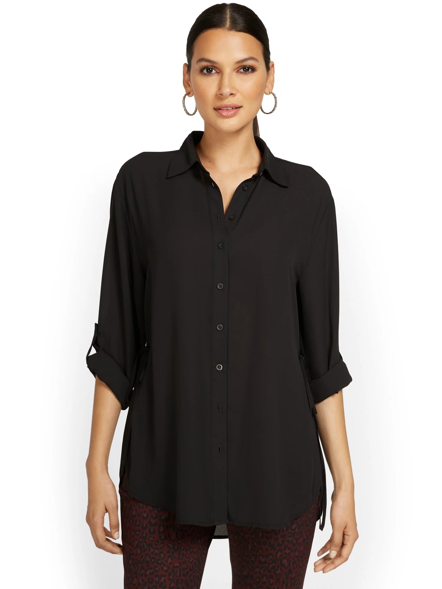 Button-Front Cinched-Waist Blouse - Image 2