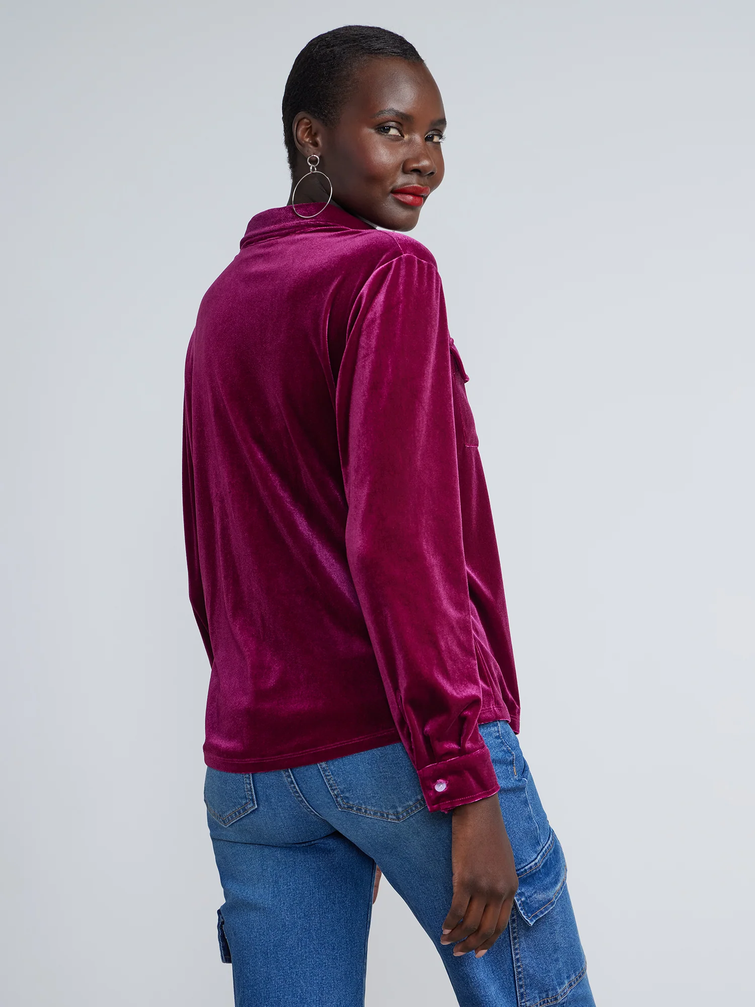 Button-Front Full Sleeve Velvet Shirt - Image 3