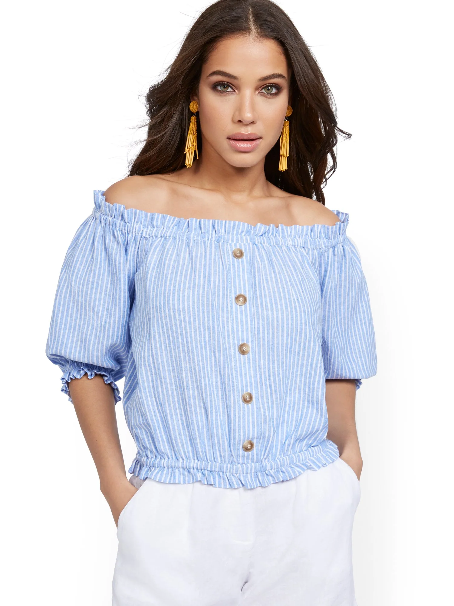 Button-Front Off-The-Shoulder Top - Image 2