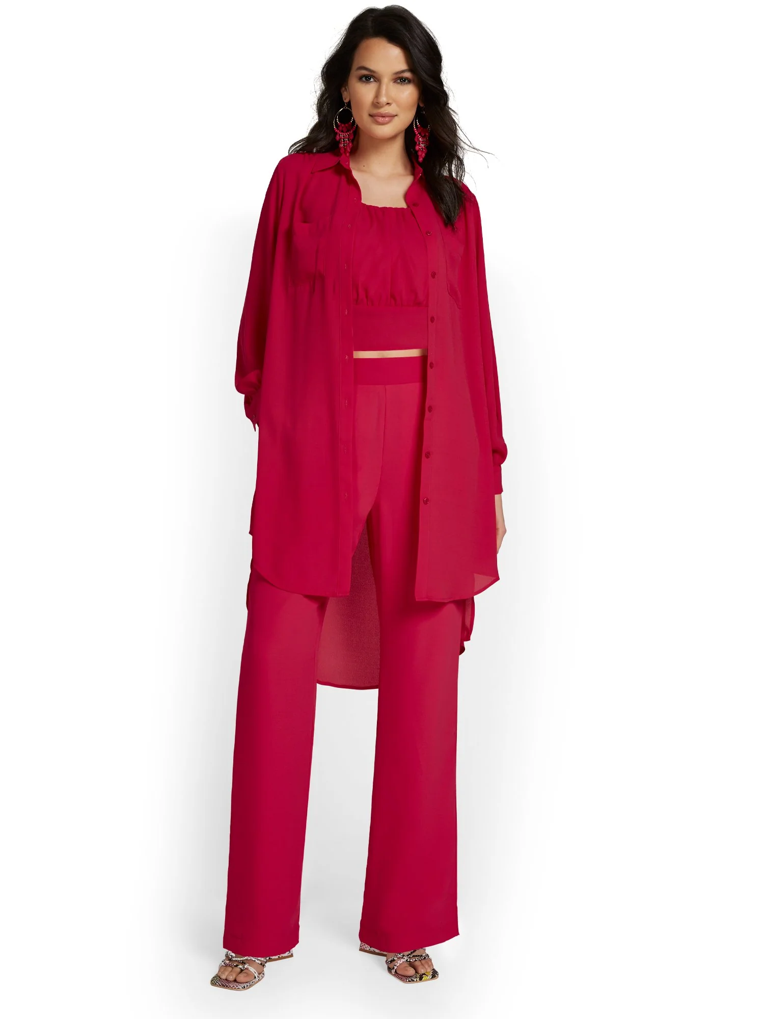 Button-Front Side-Slit Midi Shirt - Image 2