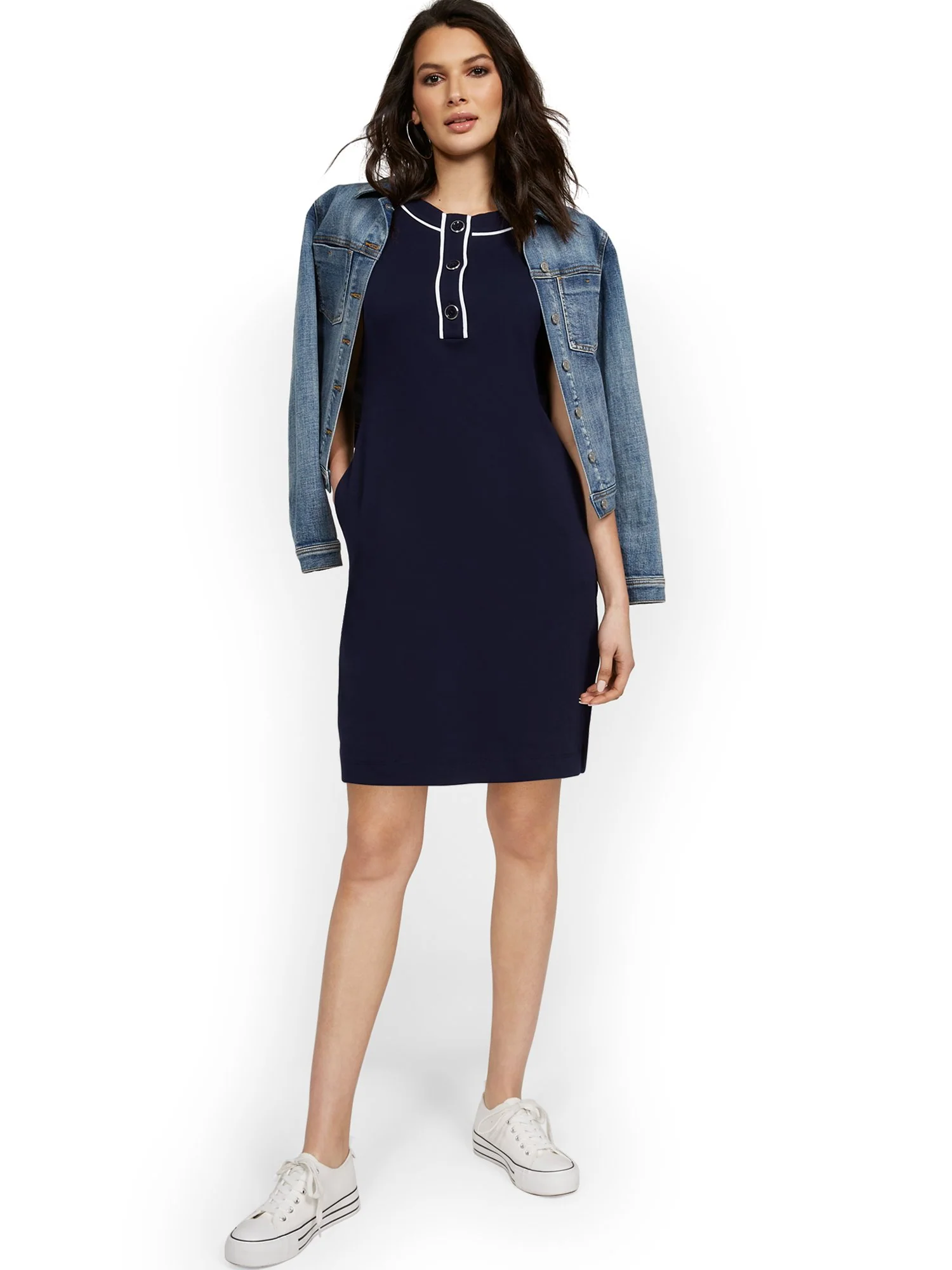 Button Placket Short-Sleeve Shift Dress - City Knits - Image 2