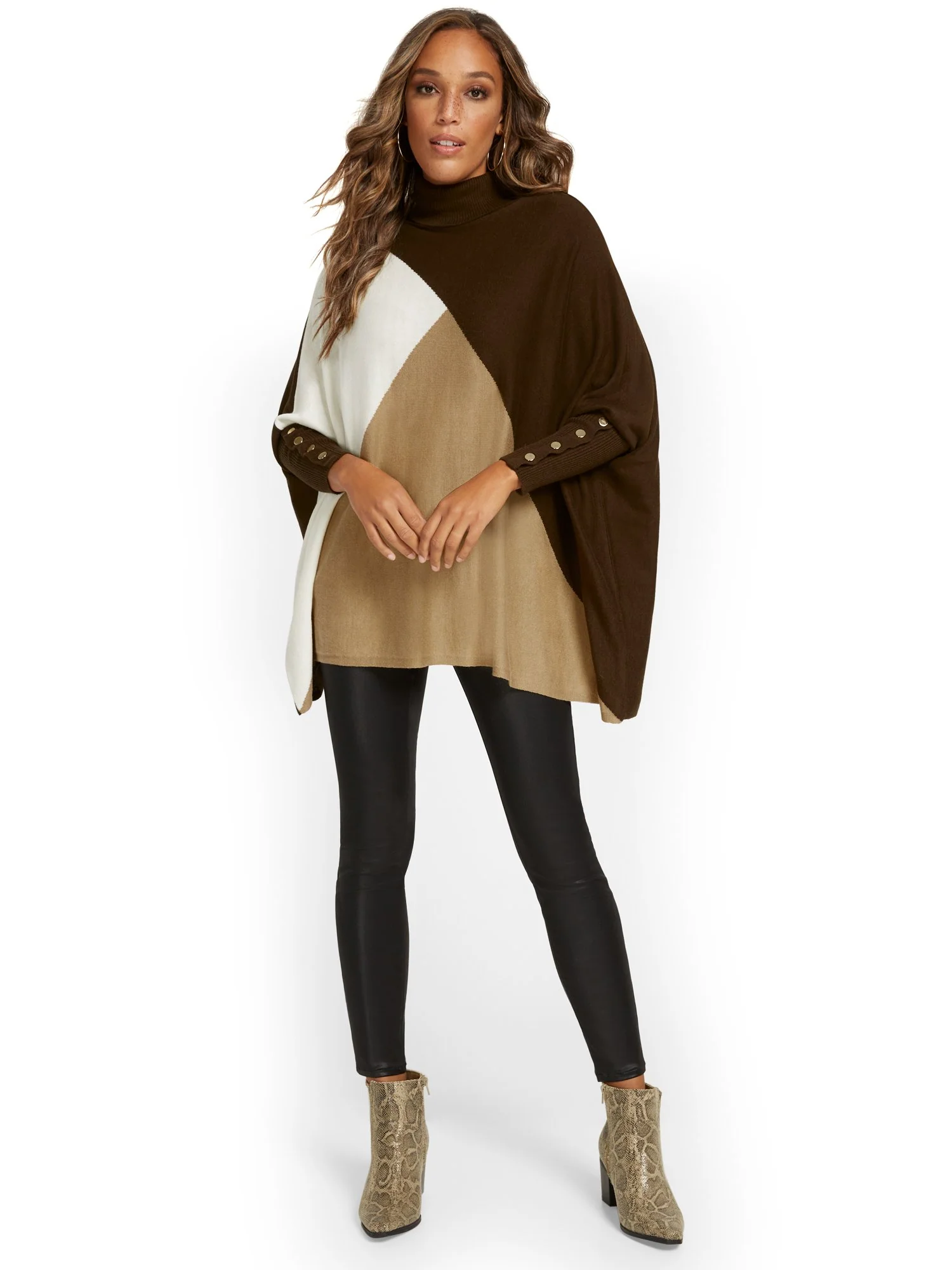 Button-Sleeve Colorblock Turtleneck Poncho - Image 5