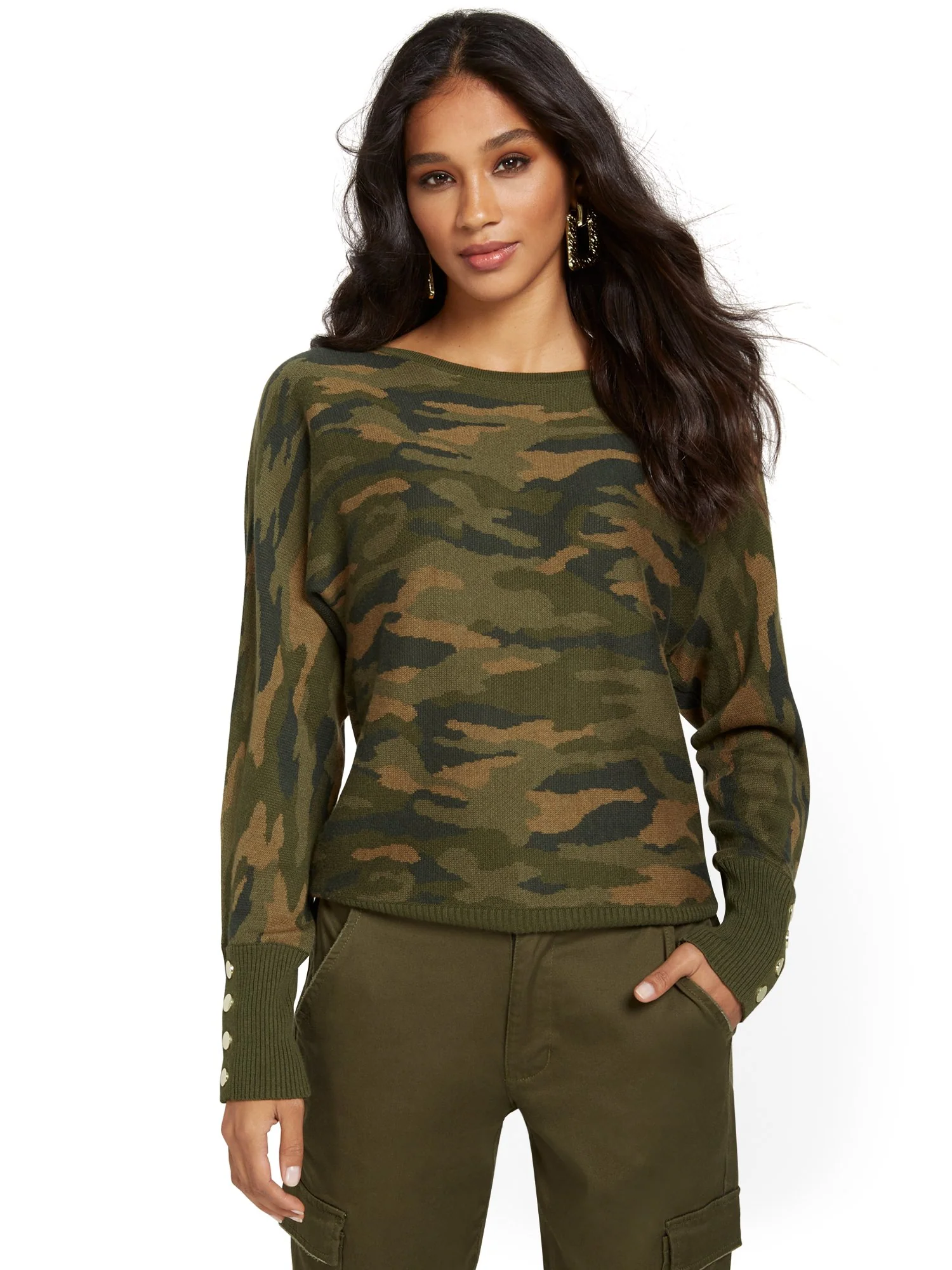 Button-Sleeve Dolman Sweater - Camo-Print