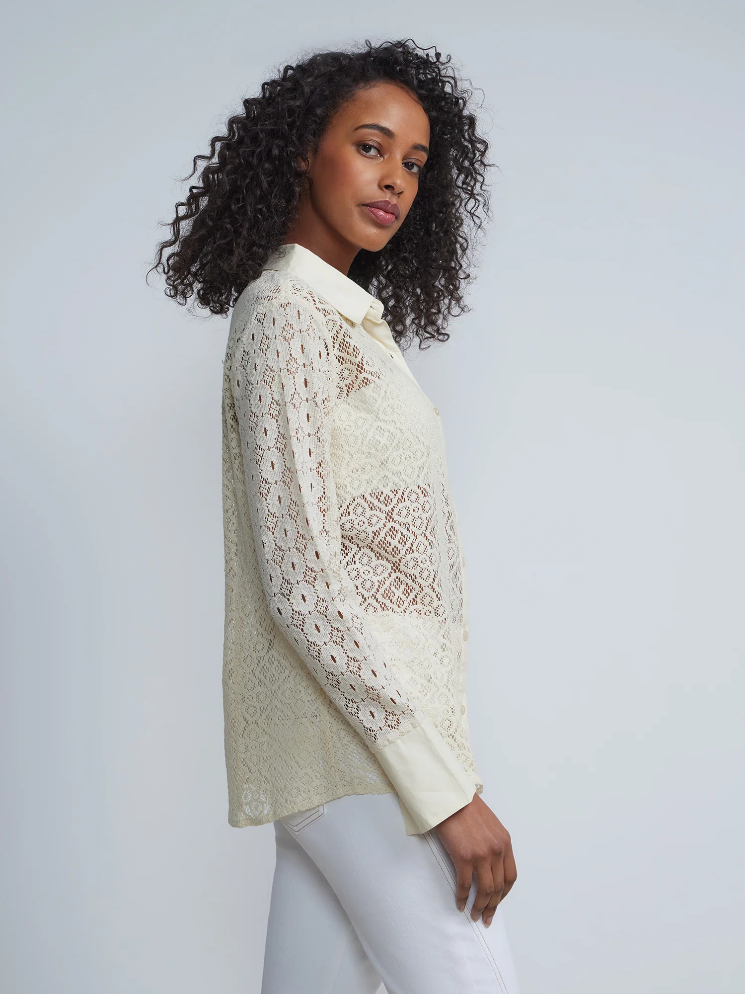 Long Sleeve Collared Crochet Shirt - Image 2