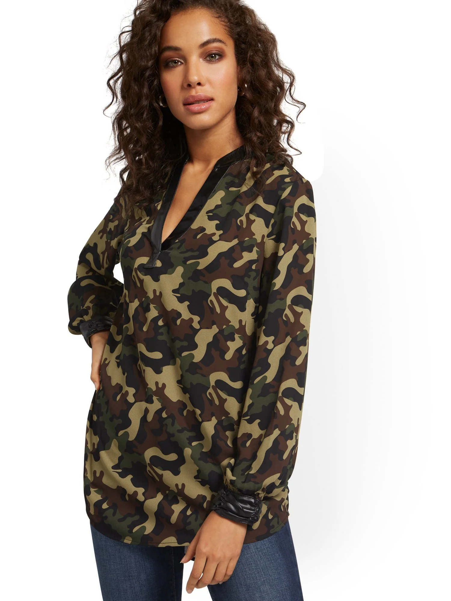 Camo-Print Faux-Leather Trim Tunic Top - Image 2