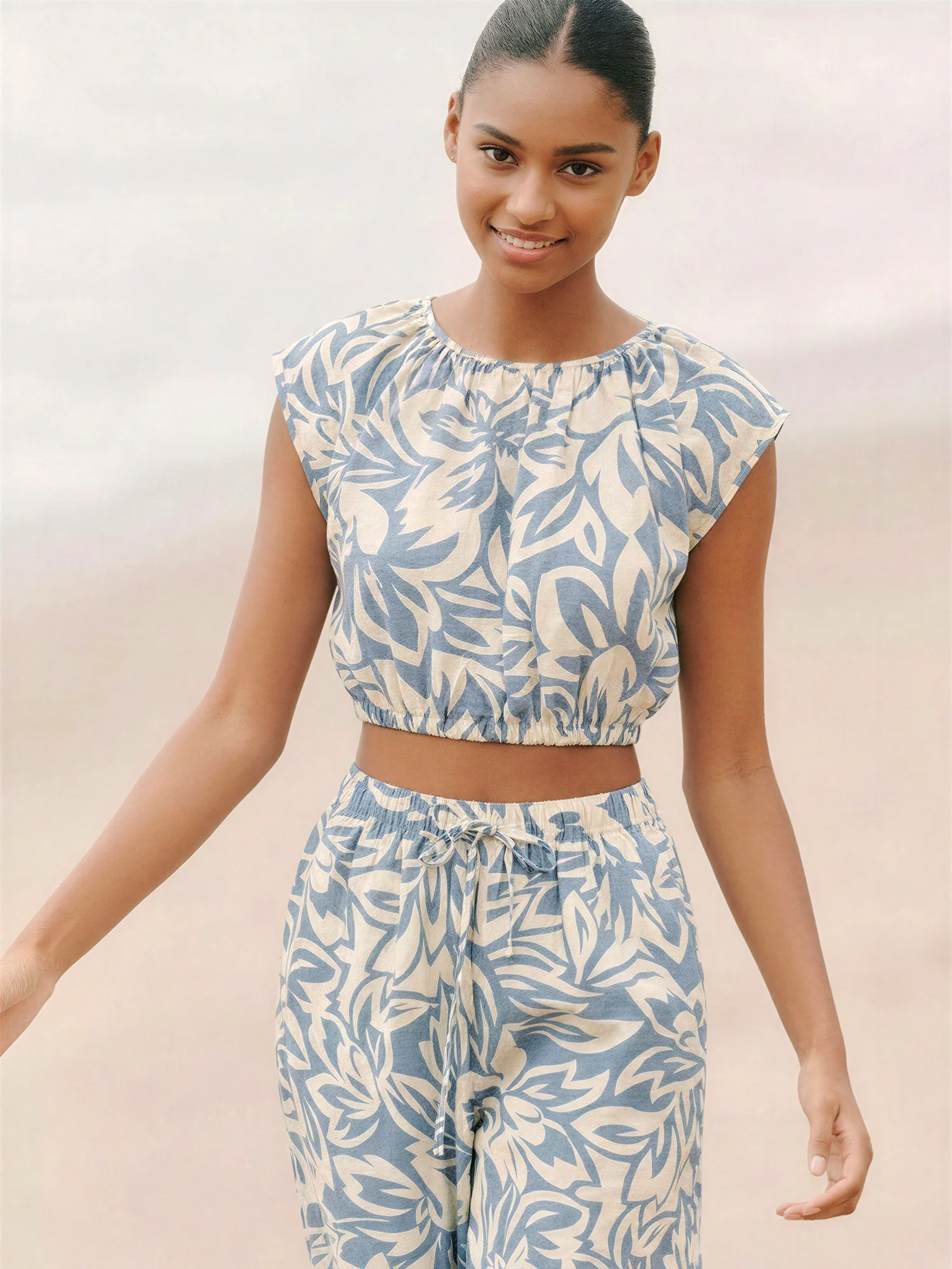 Cap Sleeve Abstract Floral Elastic Hem - Image 11