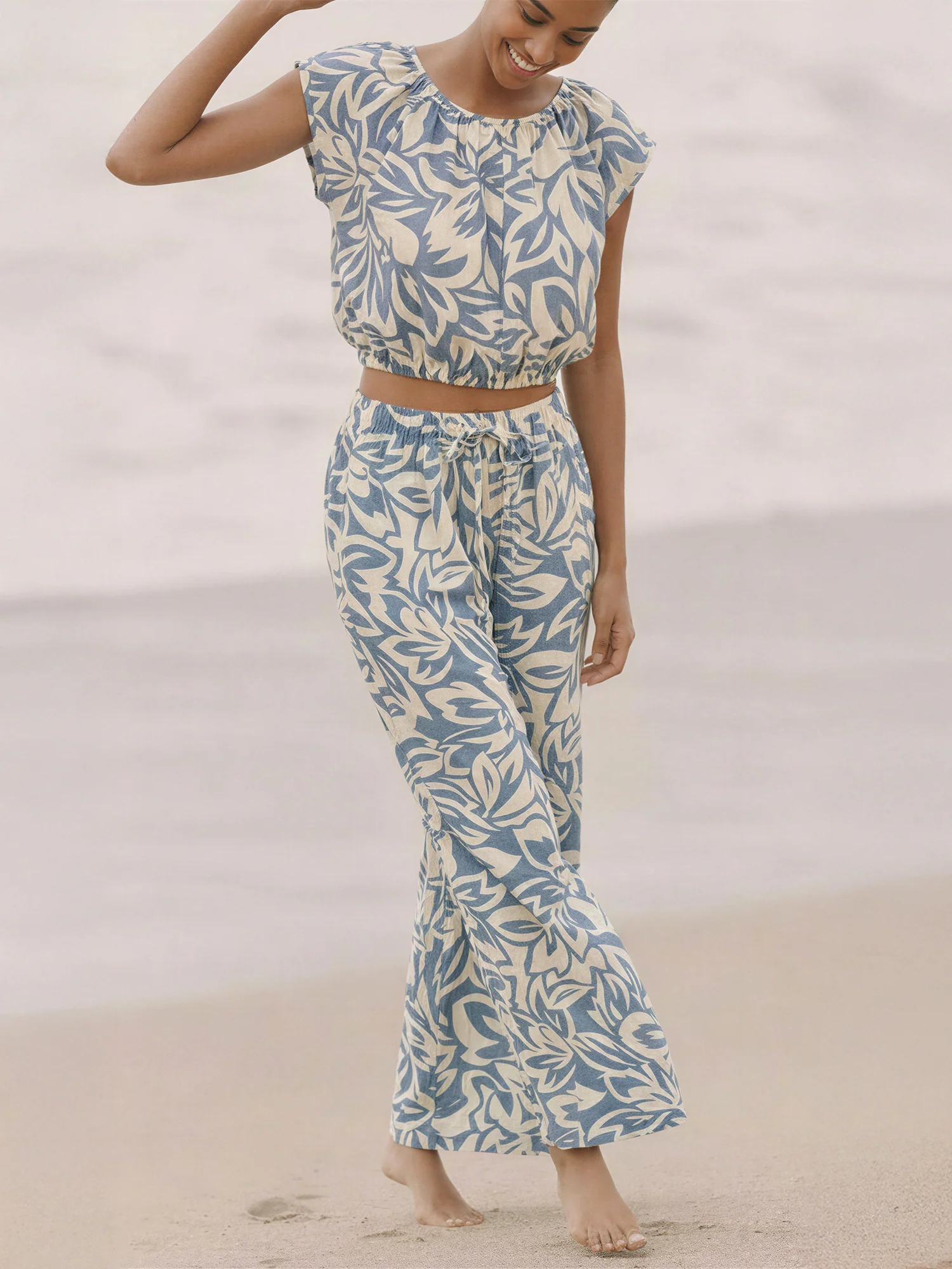 Cap Sleeve Abstract Floral Elastic Hem - Image 12