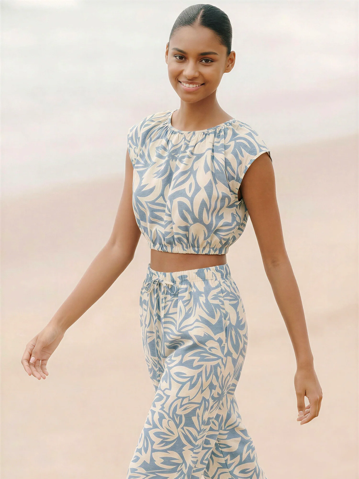 Cap Sleeve Abstract Floral Elastic Hem - Image 13