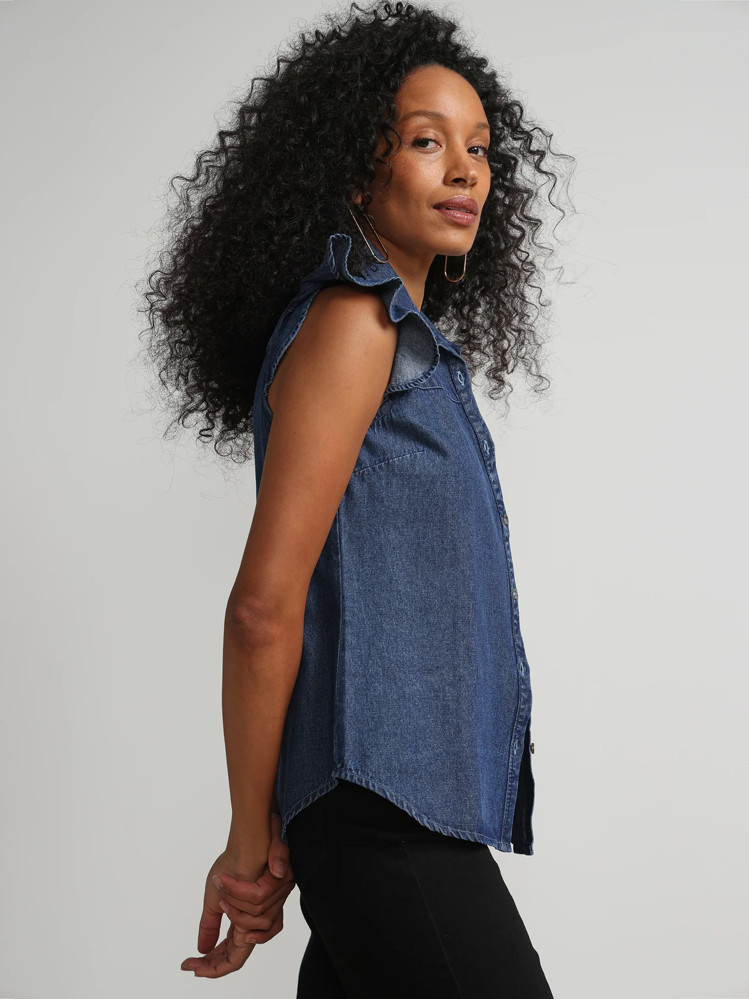 Cap Sleeve Denim Shirt - Image 2