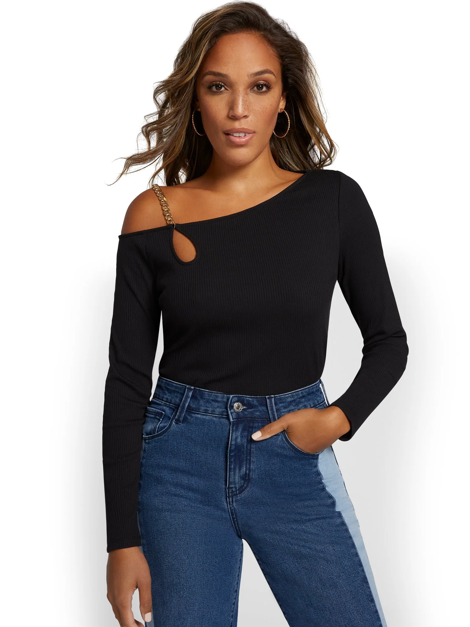 Chain-Accent Ribbed Cold-Shoulder Top - Image 2