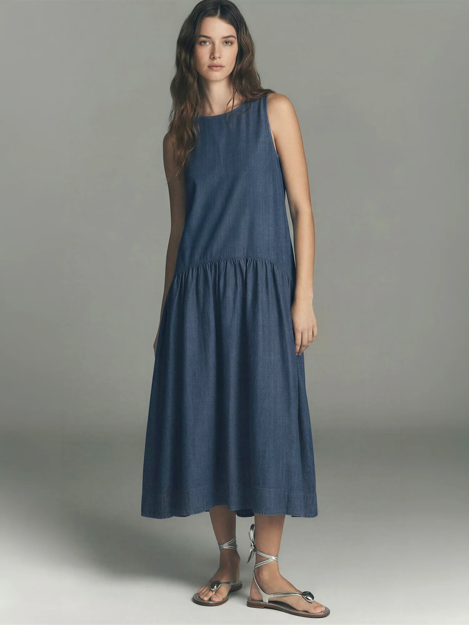 Chambray Denim Scoop Back And Tie Midi Dress