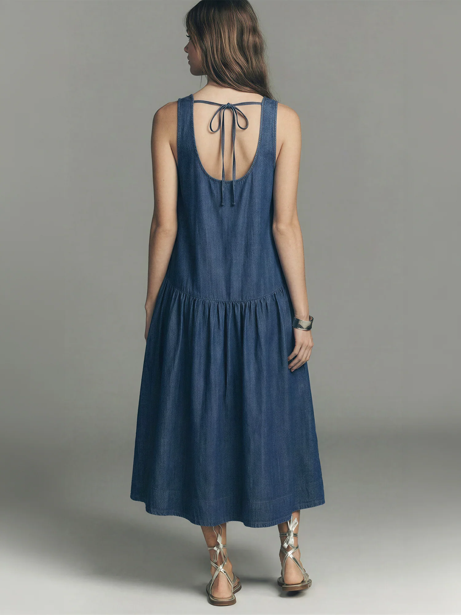 Chambray Denim Scoop Back And Tie Midi Dress - Image 4