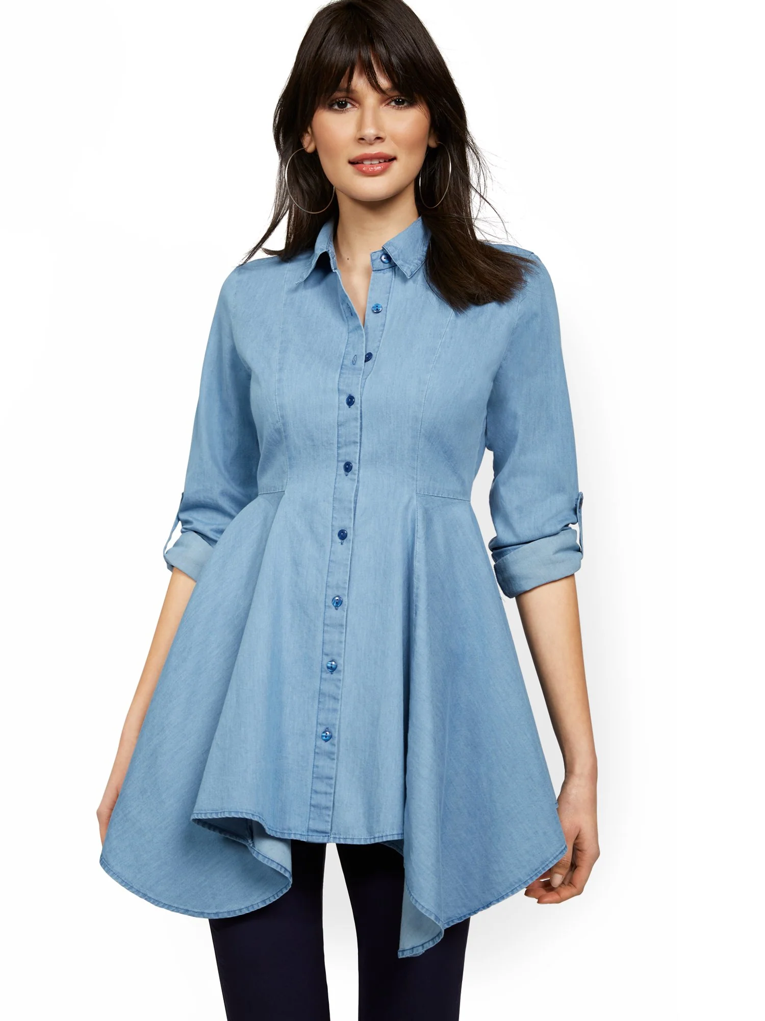 Chambray Sharkbite-Hem Tunic Top - Image 2