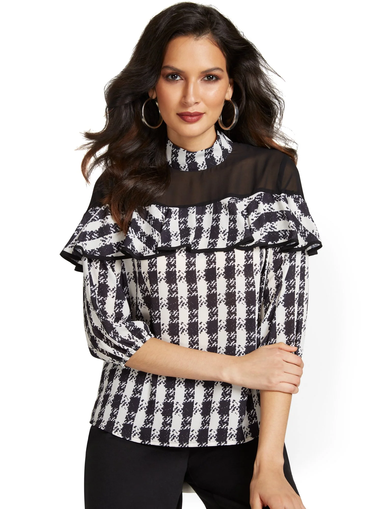 Checker-Print Ruffle Blouse - Image 2