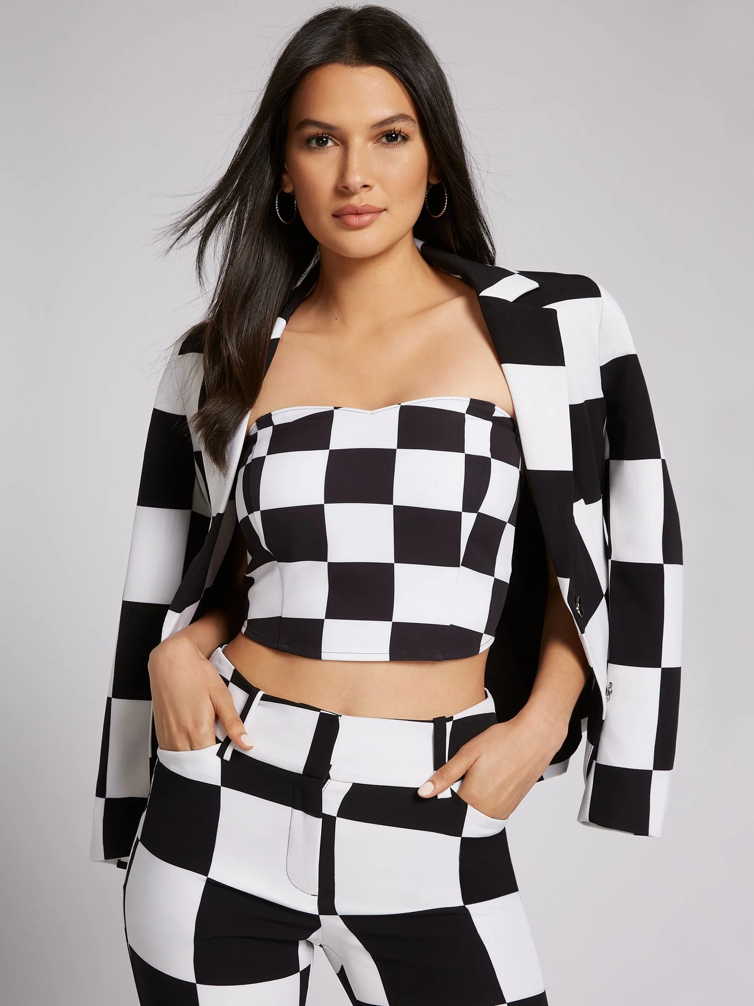 Checker-Print Strapless Corset Blouse - Image 2