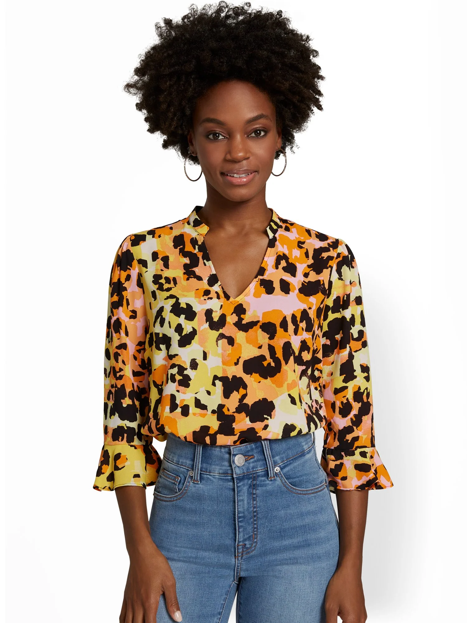 Cheetah-Print V-Neck Bell-Sleeve Top - Image 2