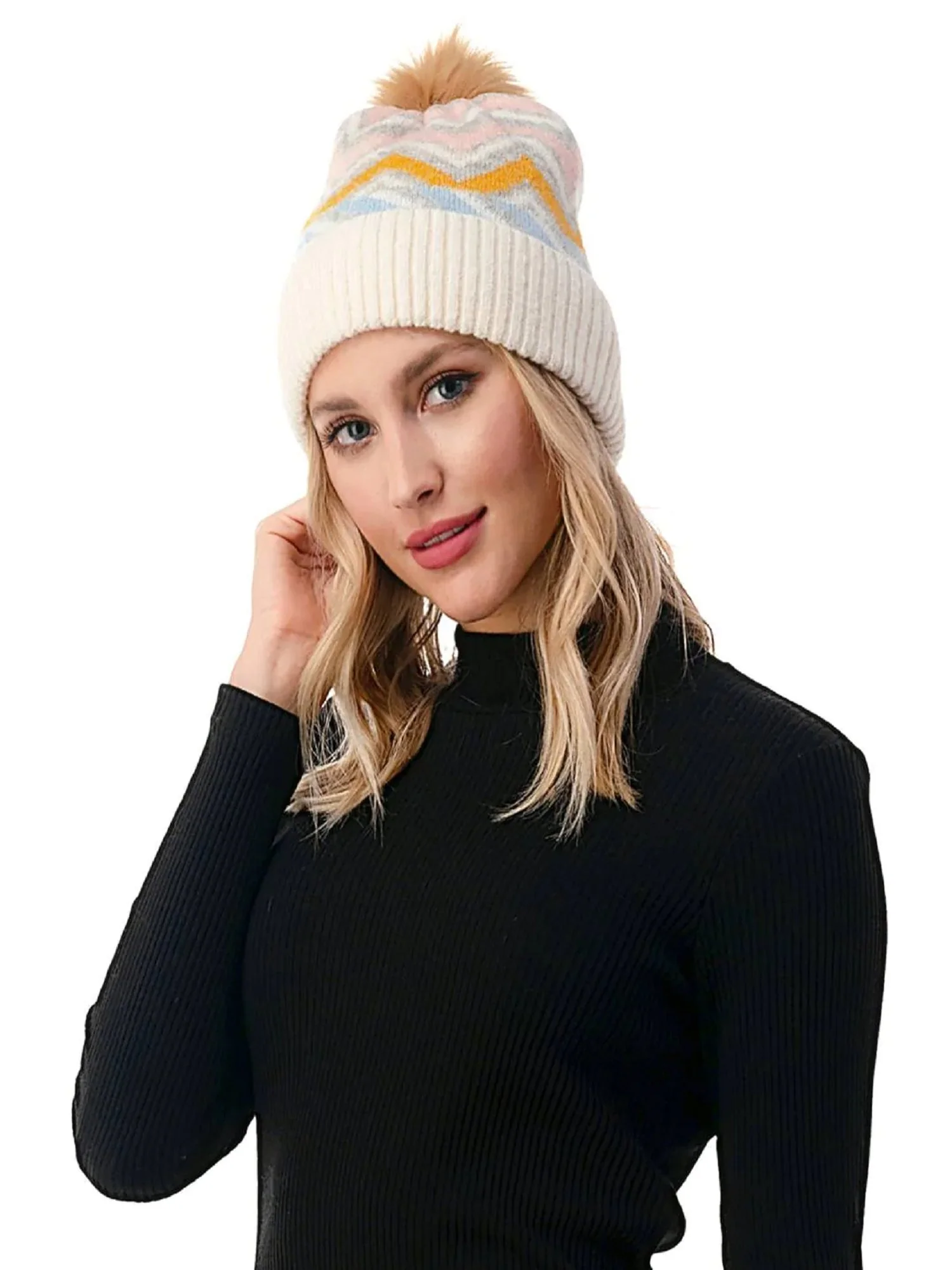Chevron Faux Fur Pom Beanie  - Marcus Adler - Image 8