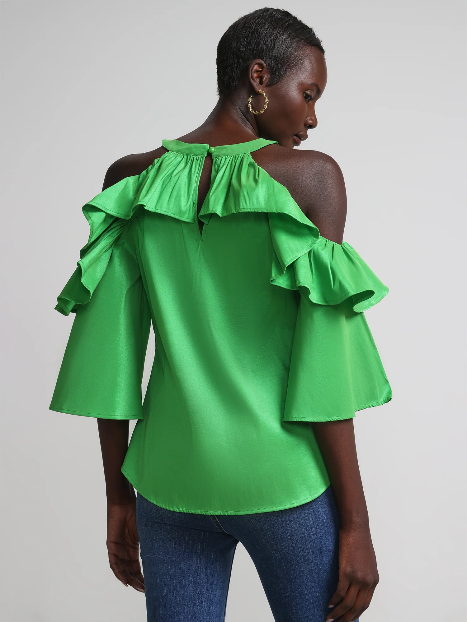 Cold Shoulder Halter Neck Ruffle Taffeta Blouse - Image 3