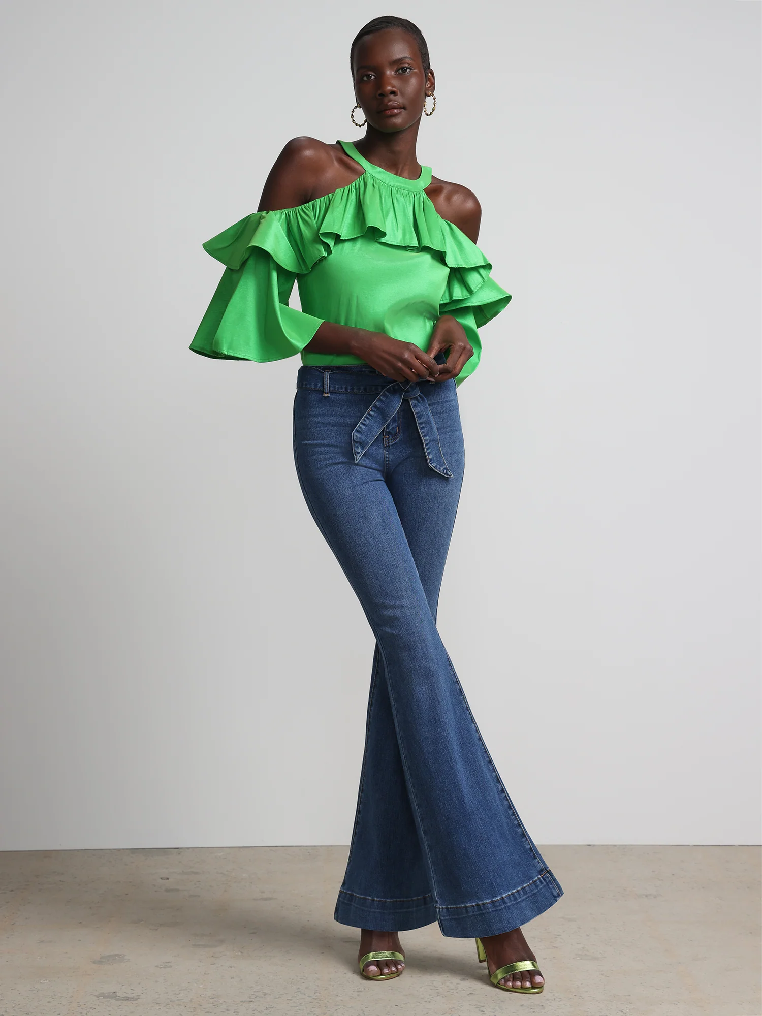 Cold Shoulder Halter Neck Ruffle Taffeta Blouse - Image 5