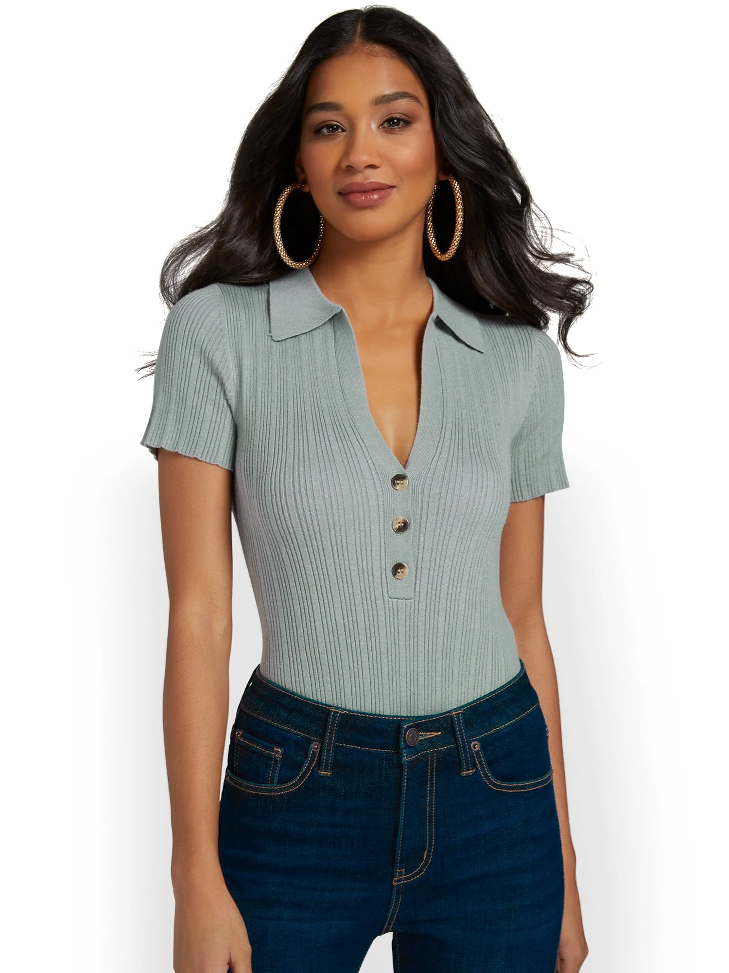 Allie Rose Collared Button-Front Ribbed Top - Brands We Love