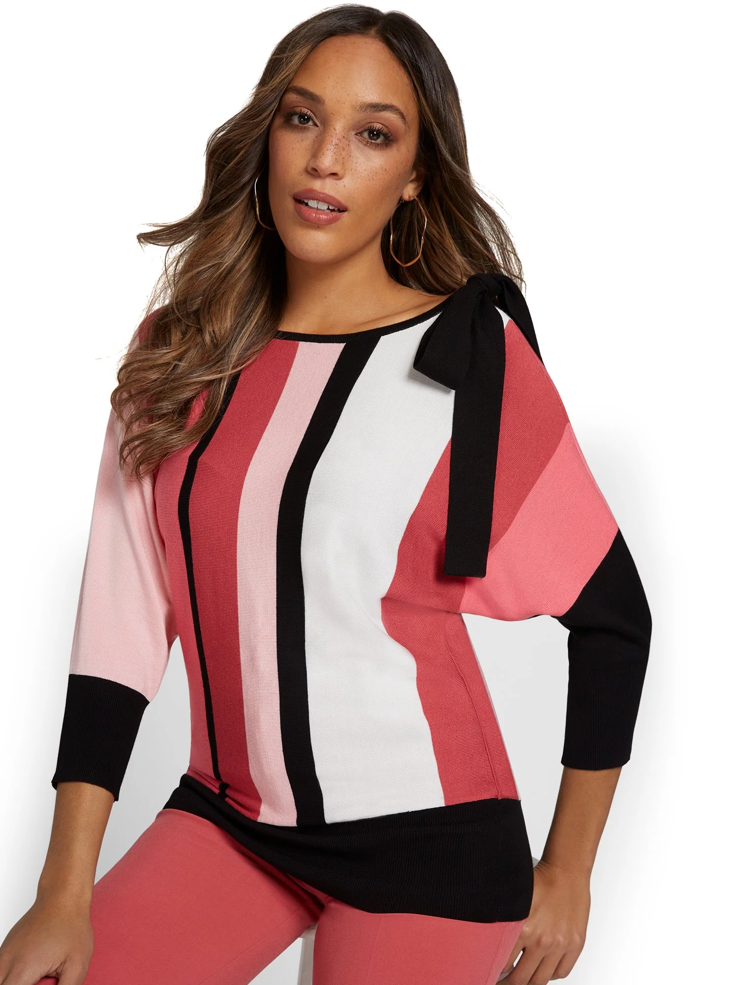 Colorblock Bow-Shoulder Pullover Sweater - Image 2