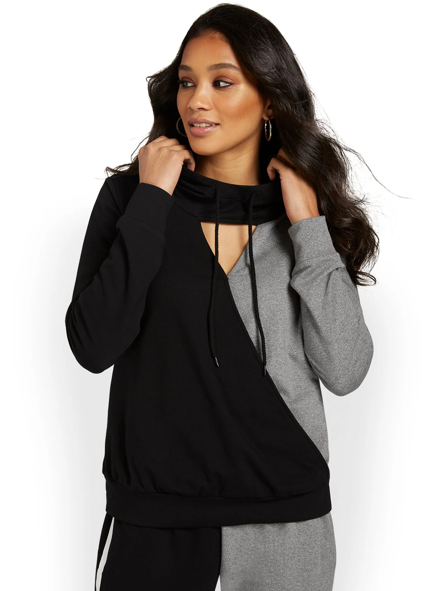 Colorblock Cut-Out French Terry Hoodie - Black & Grey