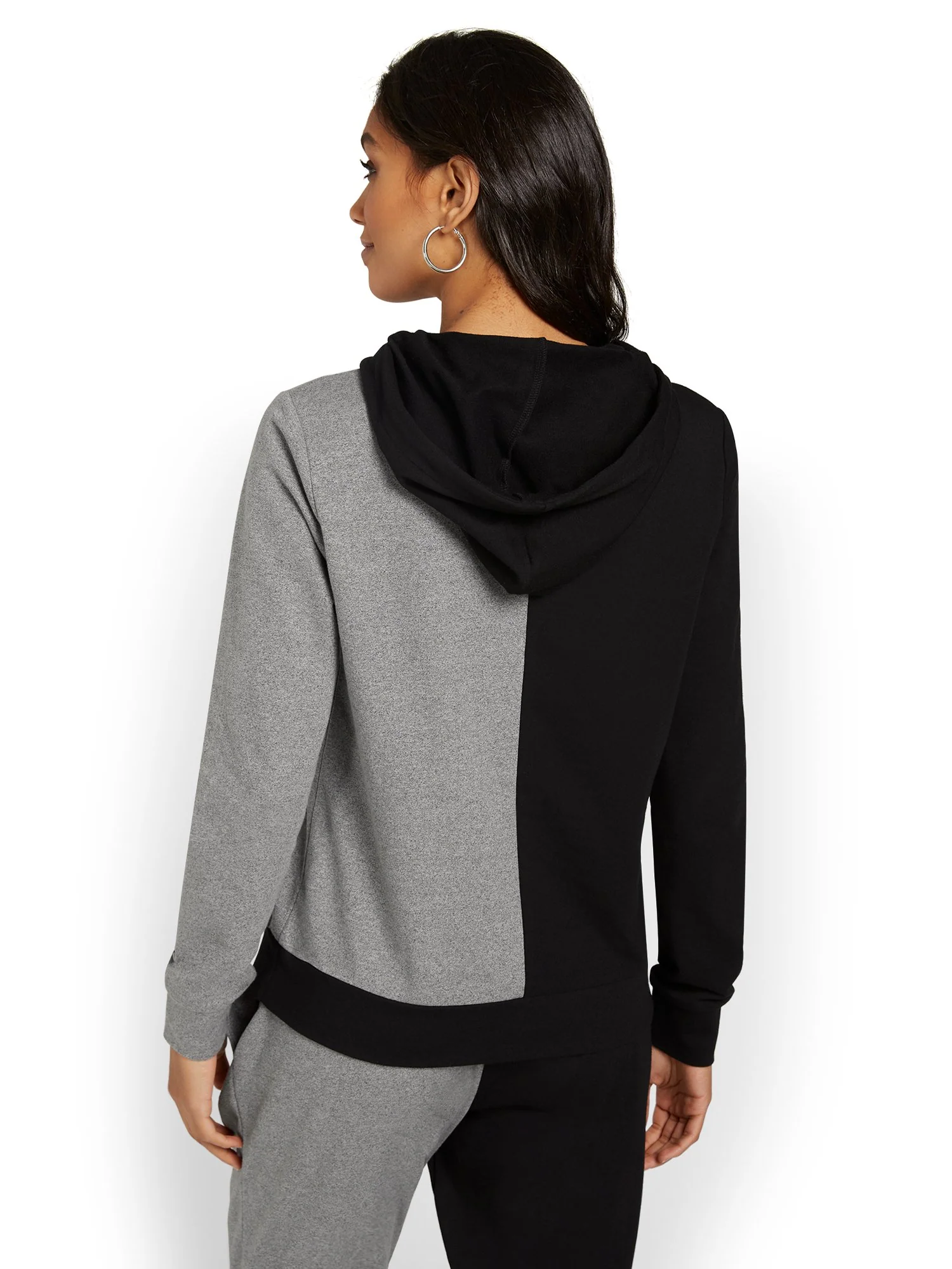 Colorblock Cut-Out French Terry Hoodie - Black & Grey - Image 3
