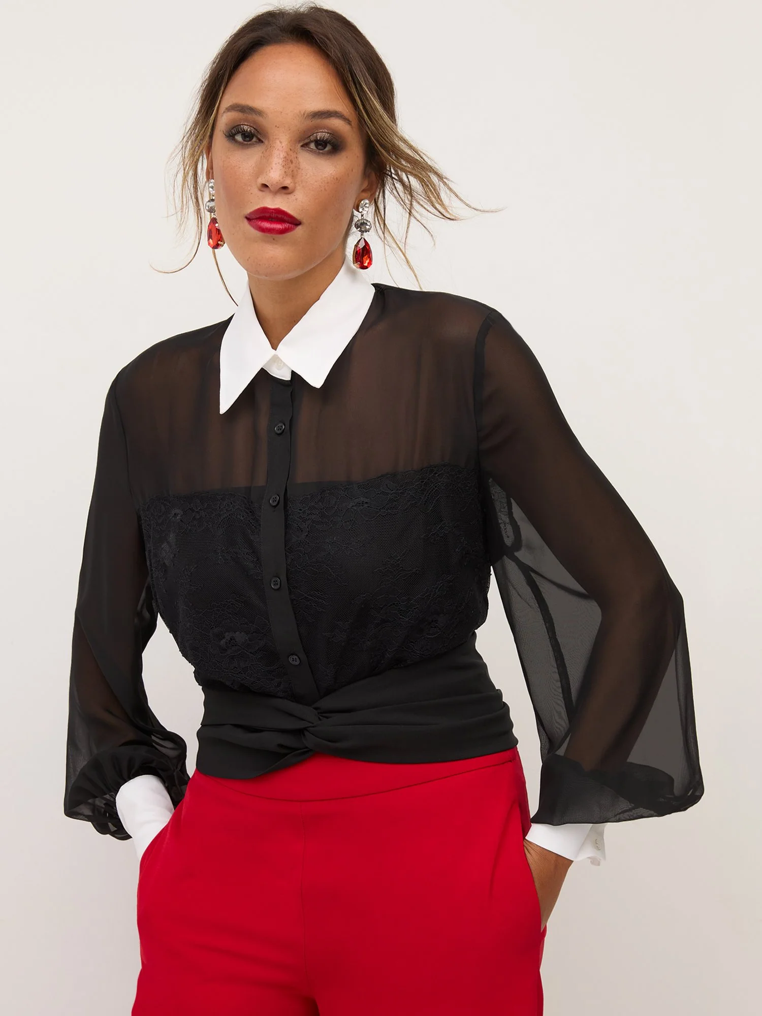 Contrast-Collar Mesh Button-Front Top