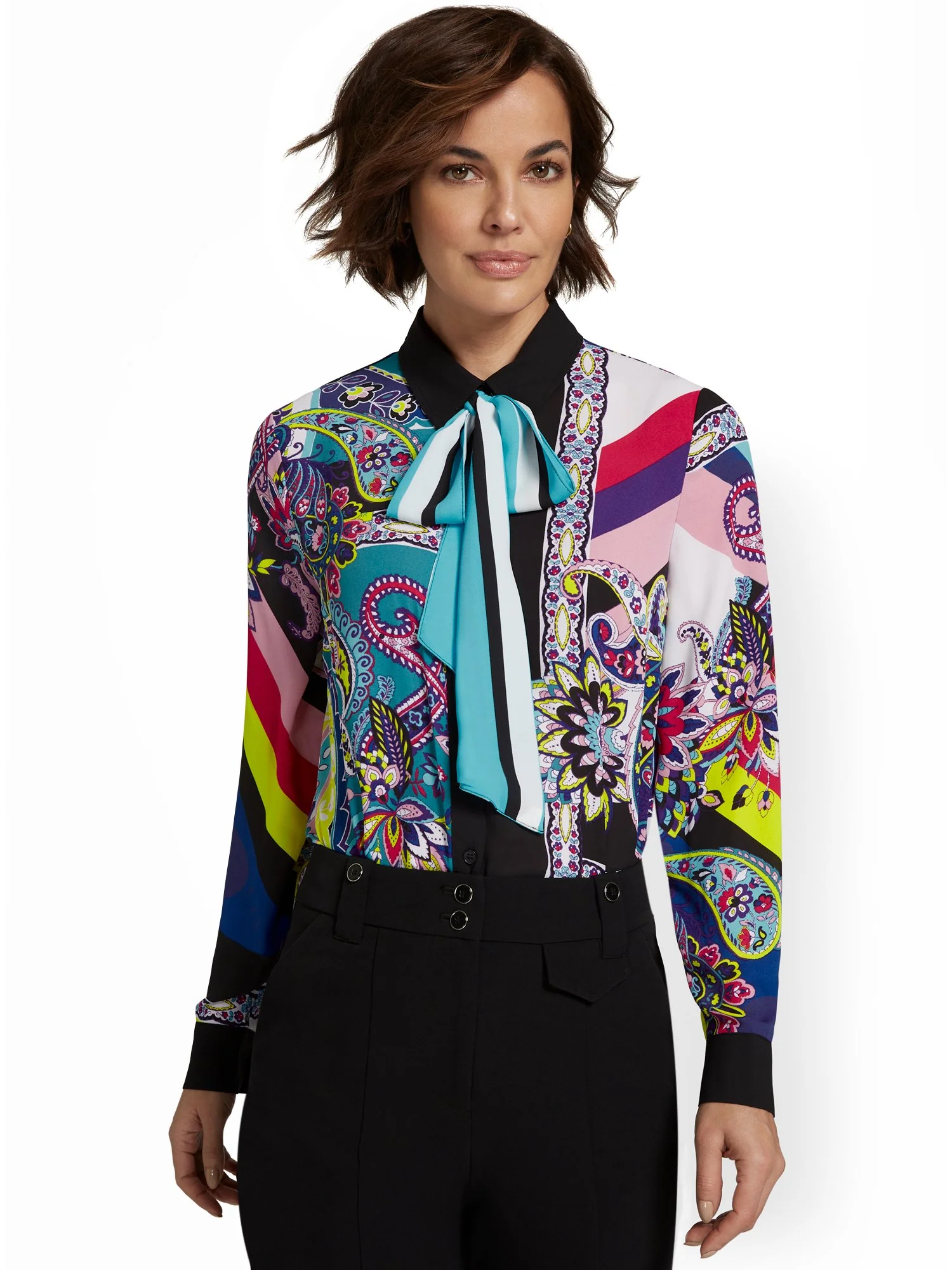 Contrast Printed Bow Blouse - Image 2