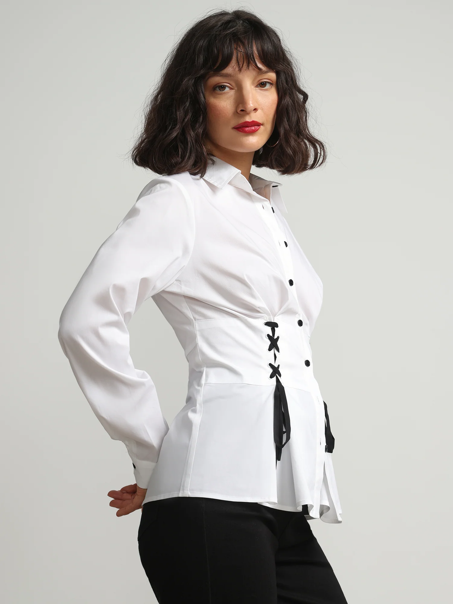 Corset-Lace Button-Front Poplin Shirt - Image 2