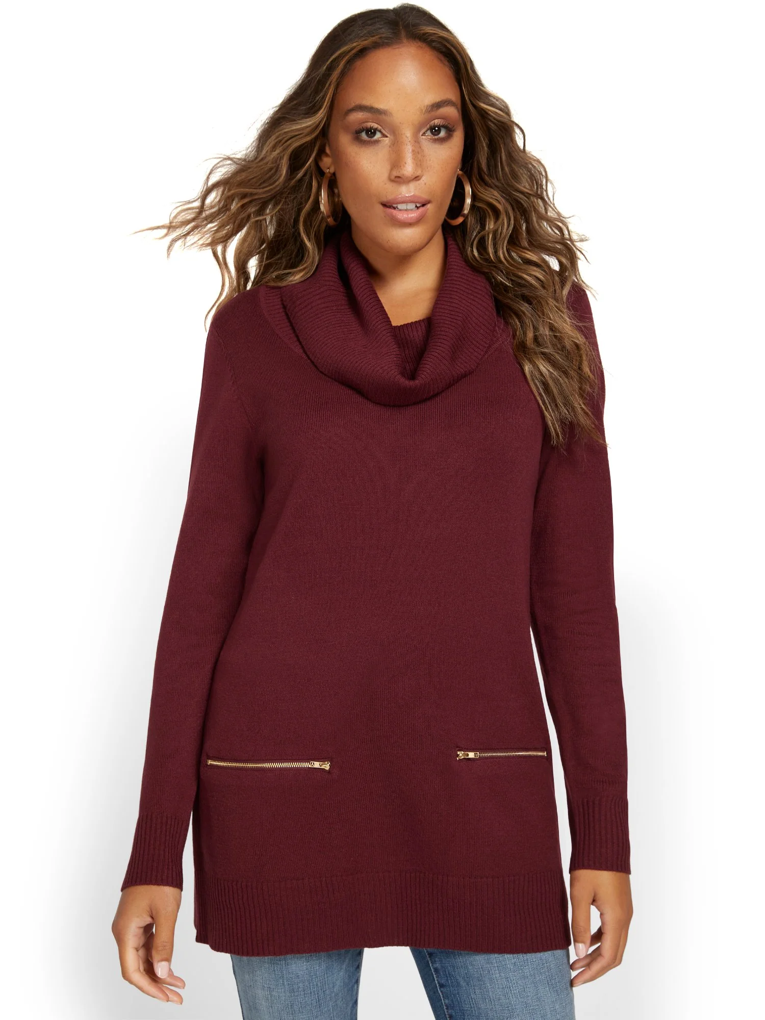 Cowl-Neck Zip-Pocket Tunic Sweater - Image 6