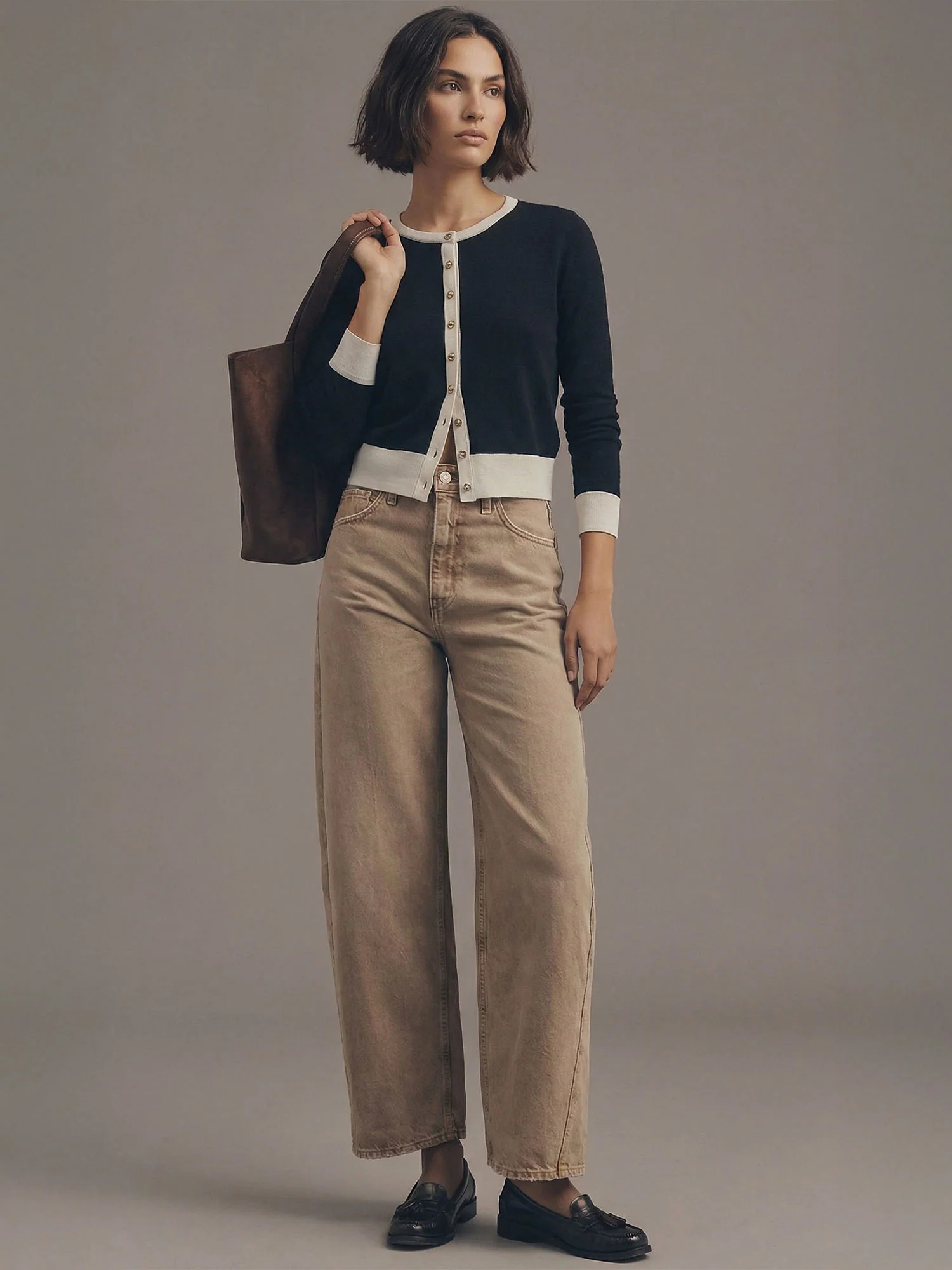 Crew Neck Colorblock Button Down Cardigan
