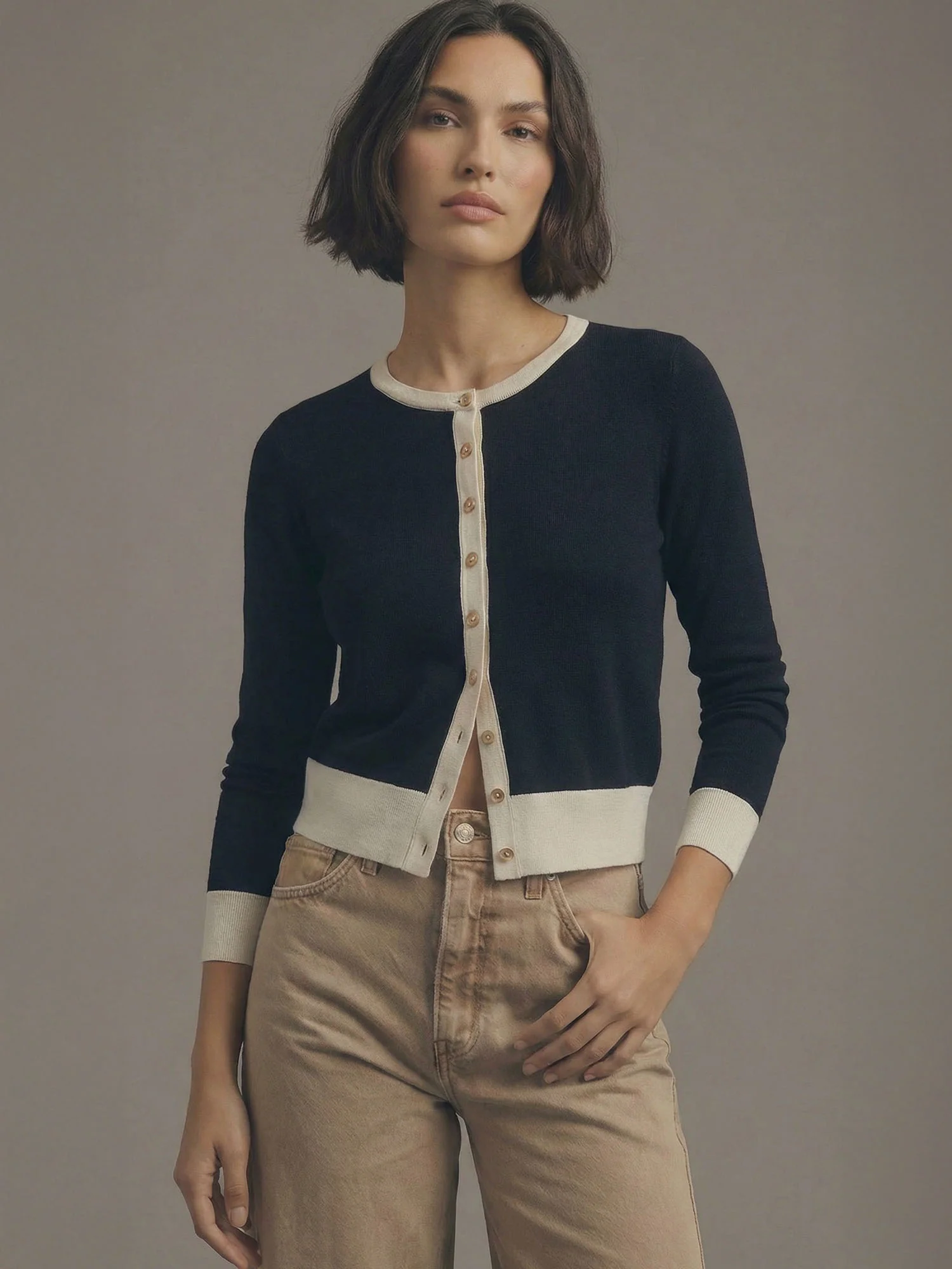 Crew Neck Colorblock Button Down Cardigan - Image 3