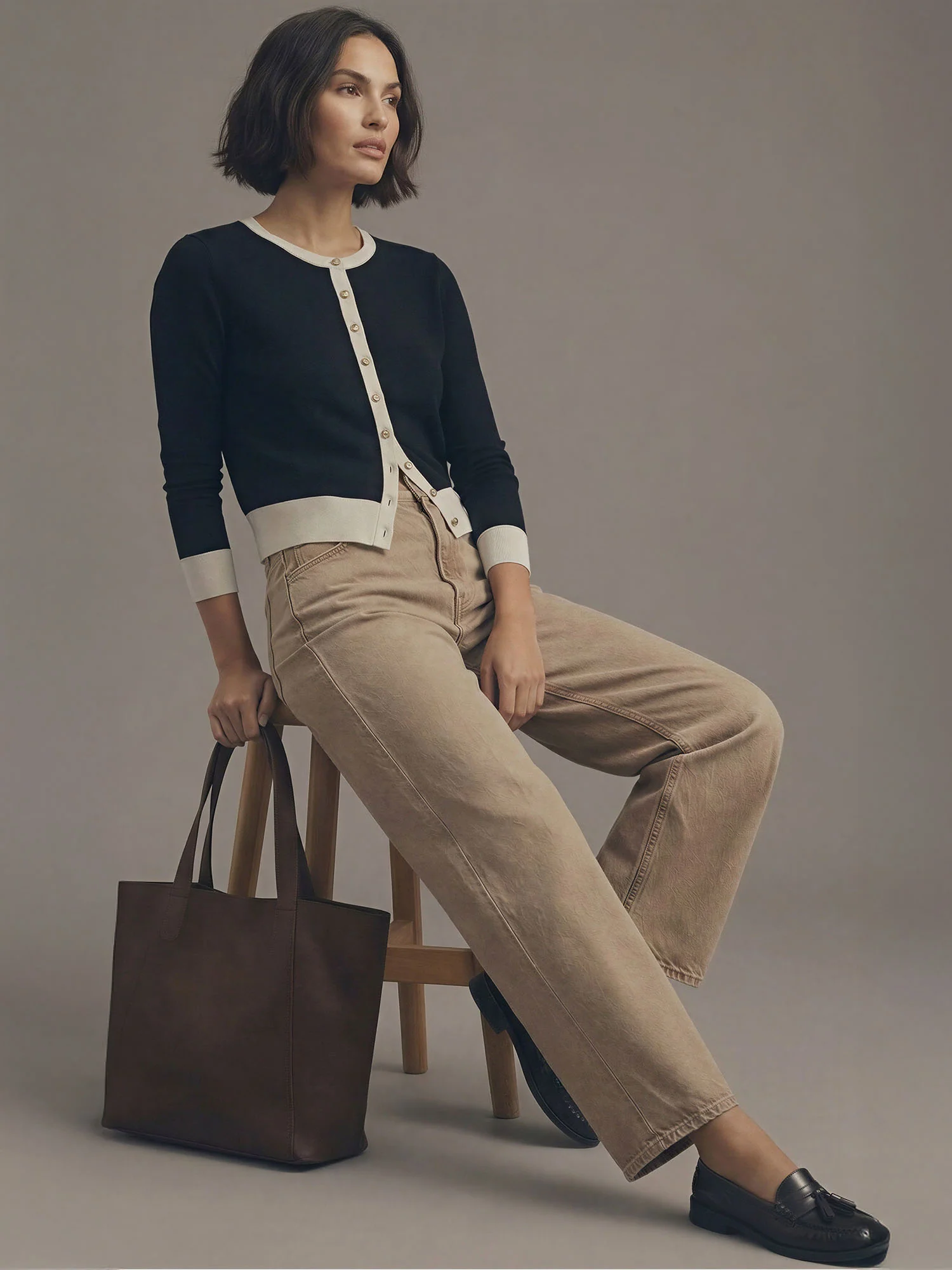 Crew Neck Colorblock Button Down Cardigan - Image 4