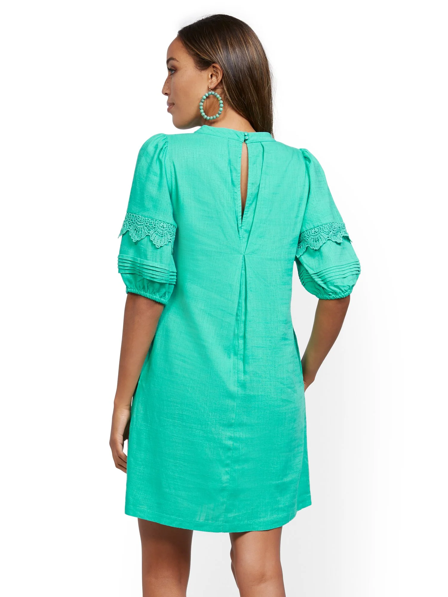 Crochet-Trim Puff-Sleeve Linen Blend Dress - Image 3