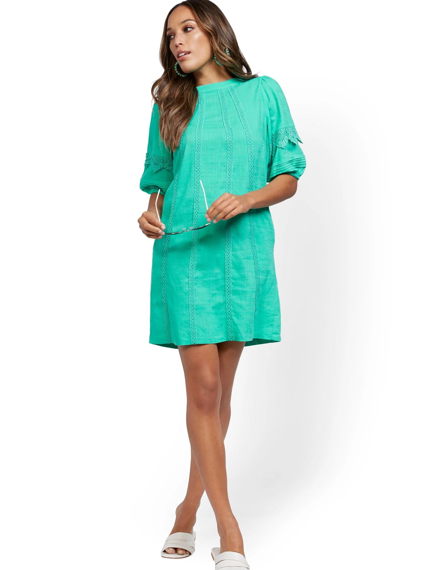 Crochet-Trim Puff-Sleeve Linen Blend Dress - Image 4