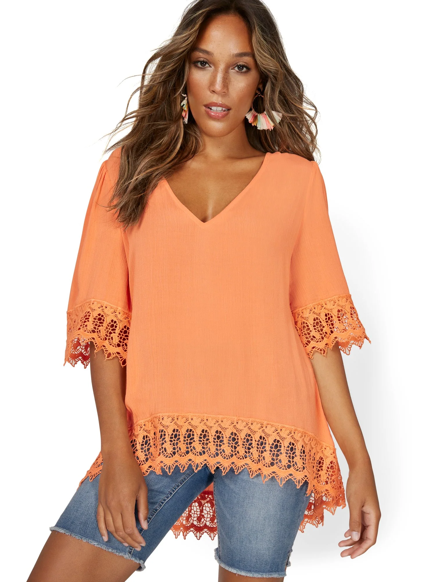 Crochet-Trim V-Neck Tunic Top - Lily & Cali - Image 12
