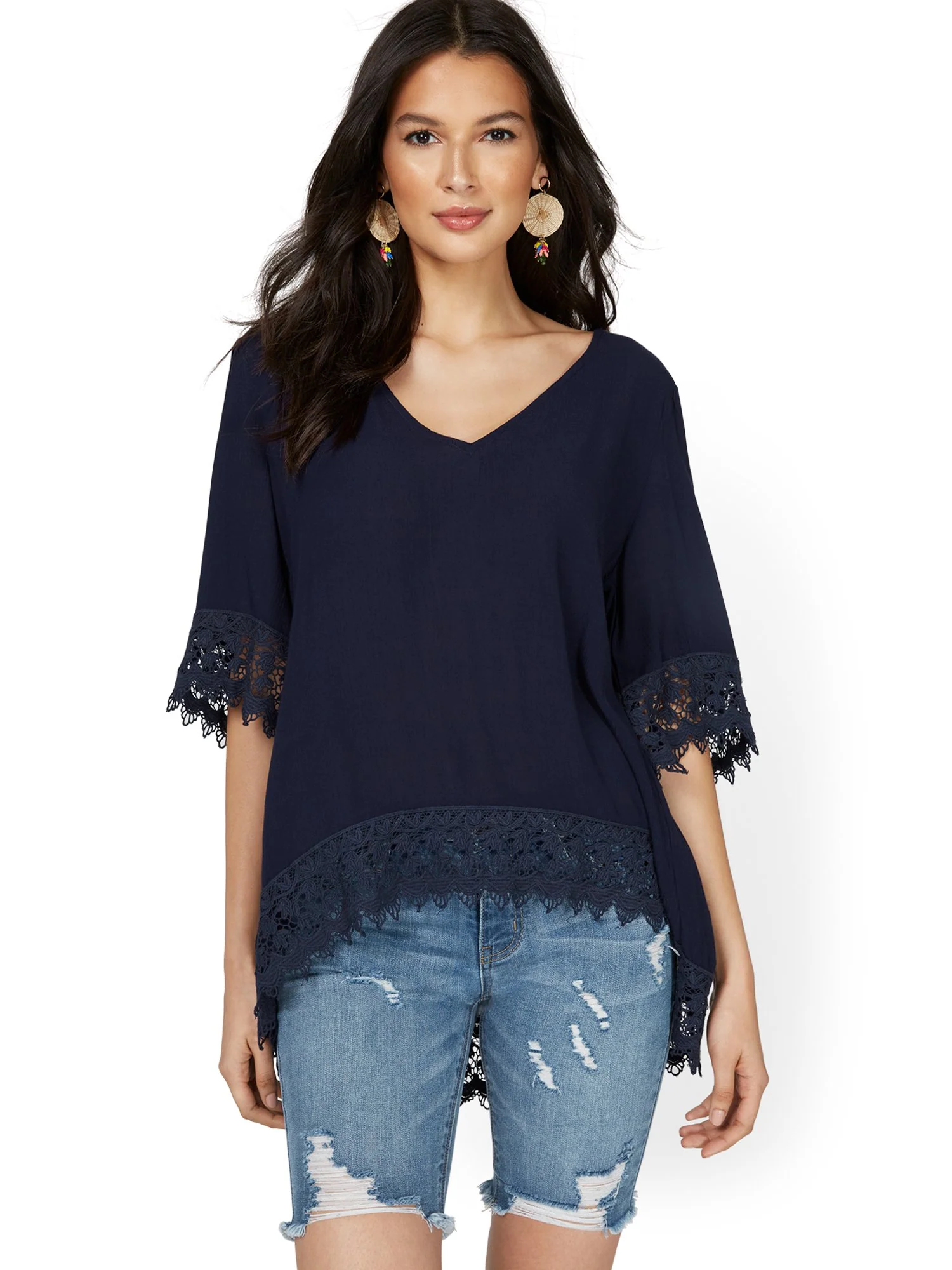 Crochet-Trim V-Neck Tunic Top - Lily & Cali - Image 4