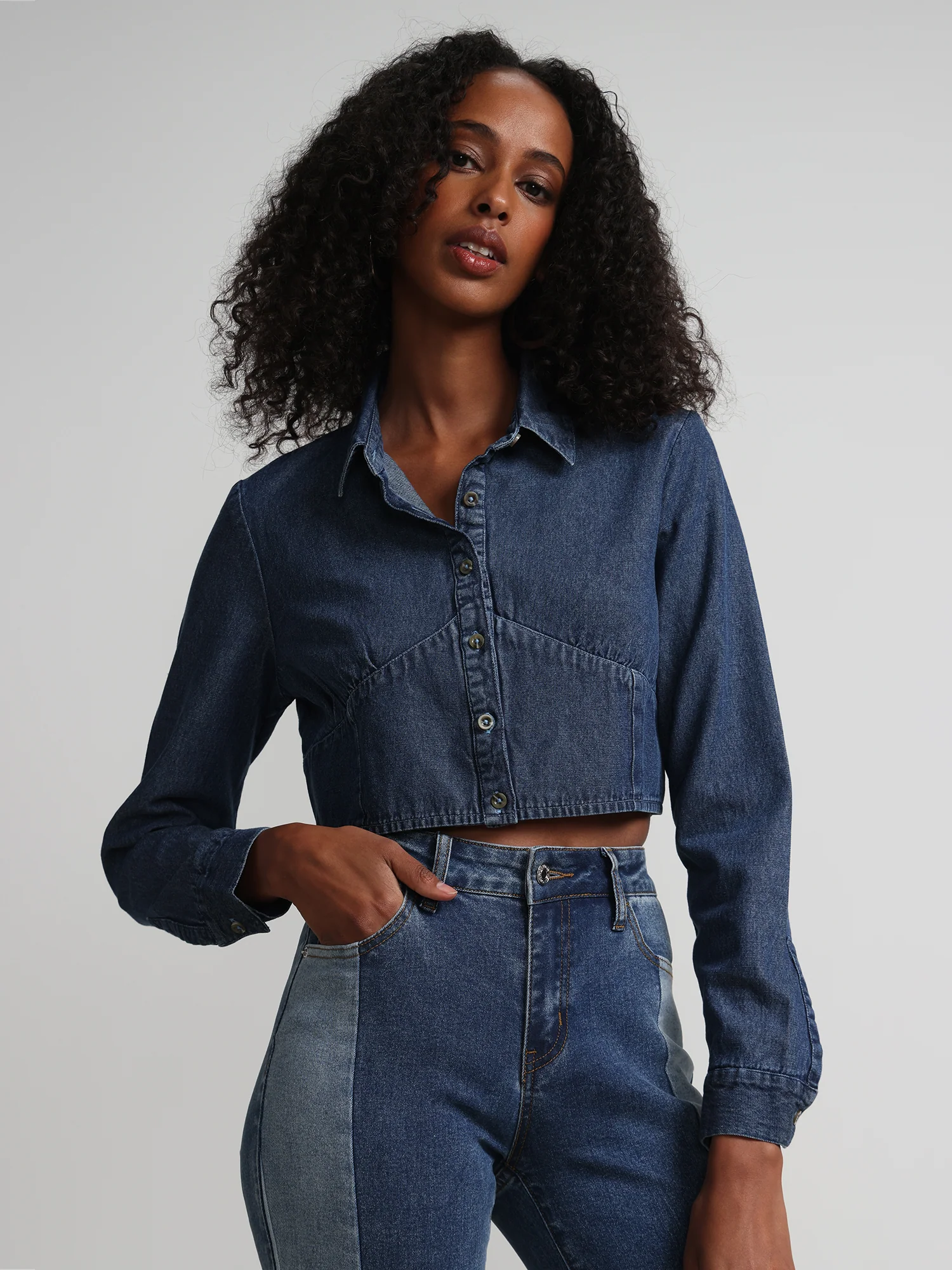Cropped Button-Front Denim Top