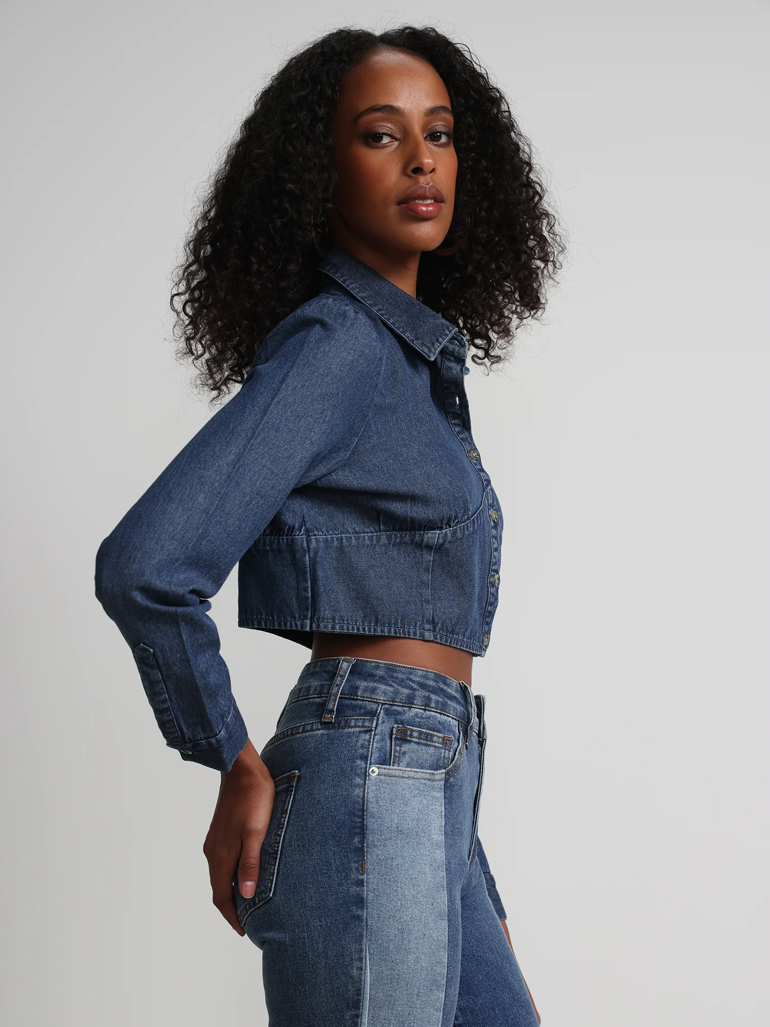 Cropped Button-Front Denim Top - Image 2