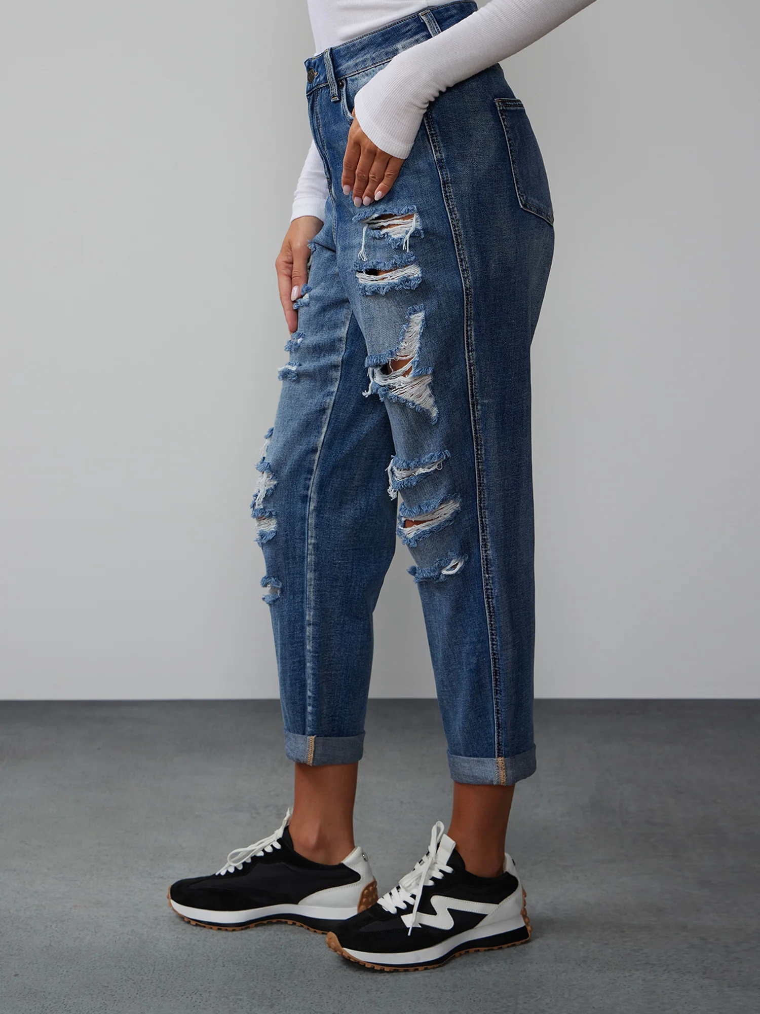 Curvy High Rise Destructed Boyfriend Jeans - Image 3