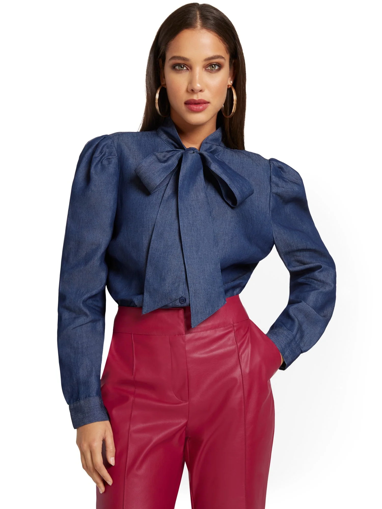 Denim Bow-Front Drama Top - Image 2