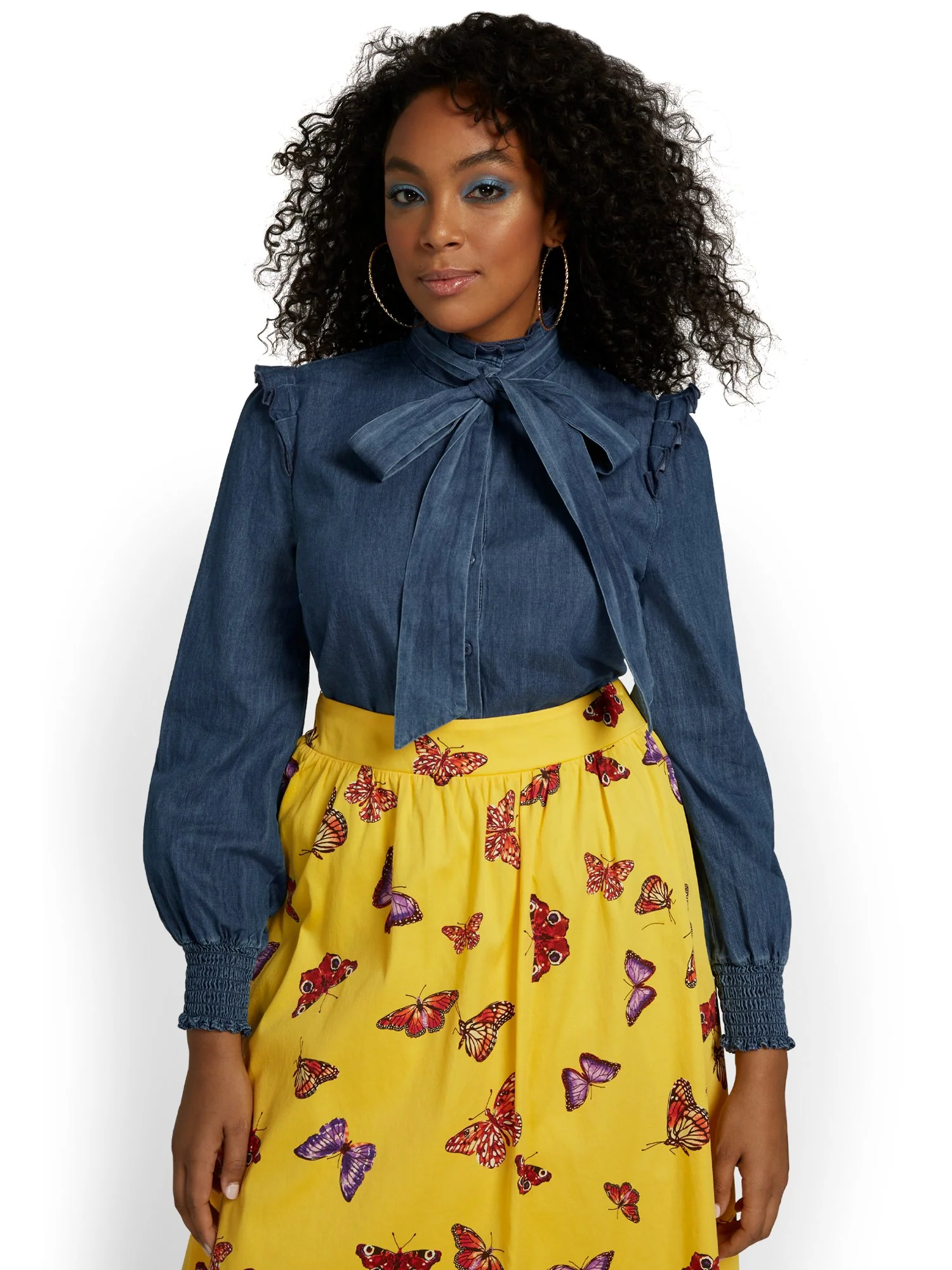 Denim Bow-Neck Blouse
