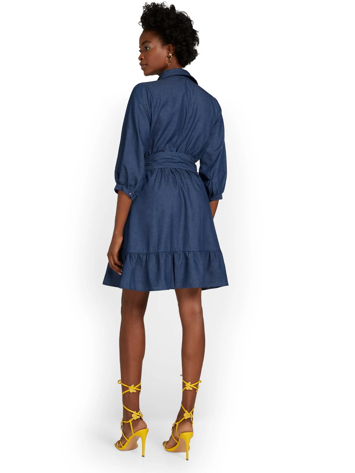Denim Puff-Sleeve Tie-Waist Dress - Image 3