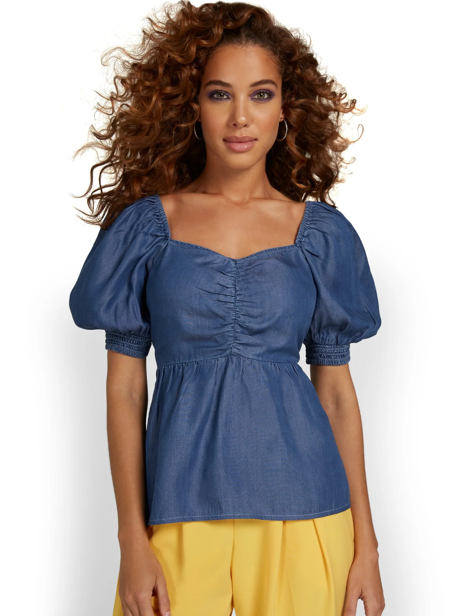 Denim Puff-Sleeve Top - Image 2