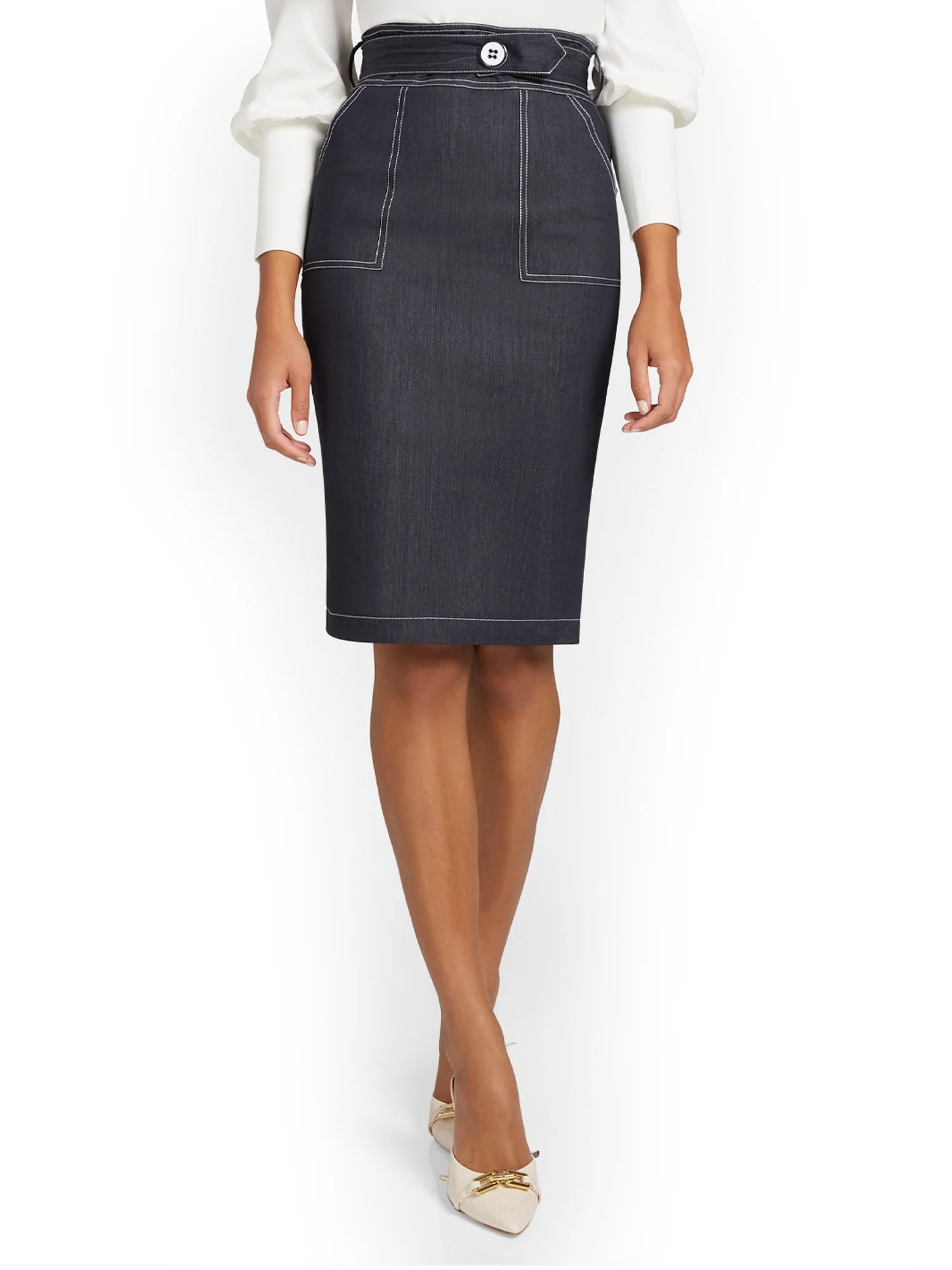 Denim Topstitch Pencil Skirt - Image 2